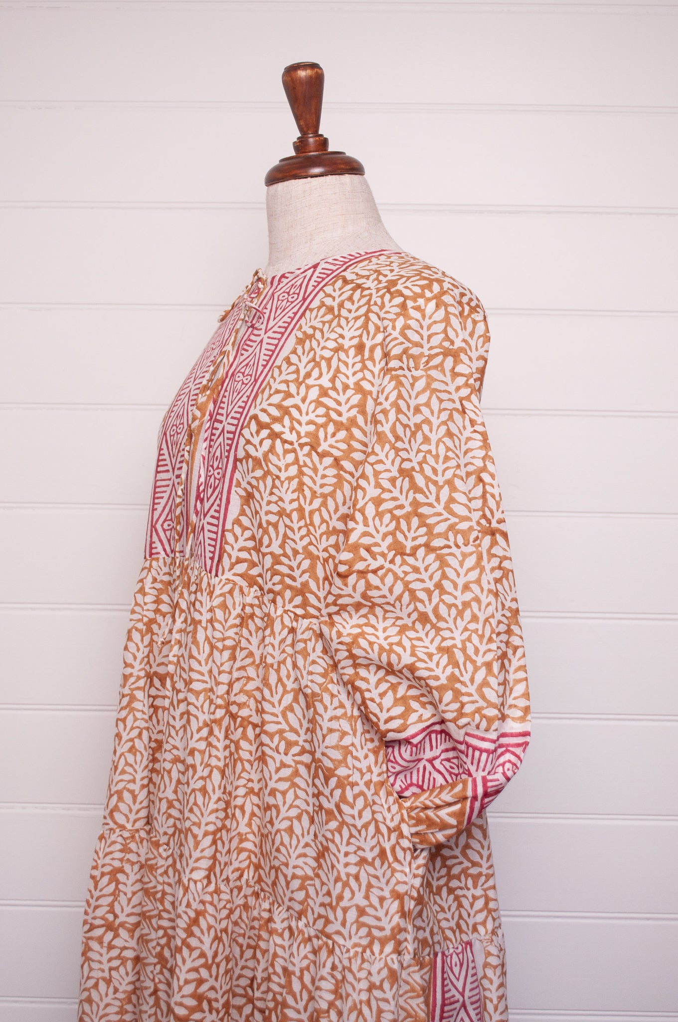 Dora Maxi dress light cotton voile blockprint maxi dress mustard on white floral with red accents.