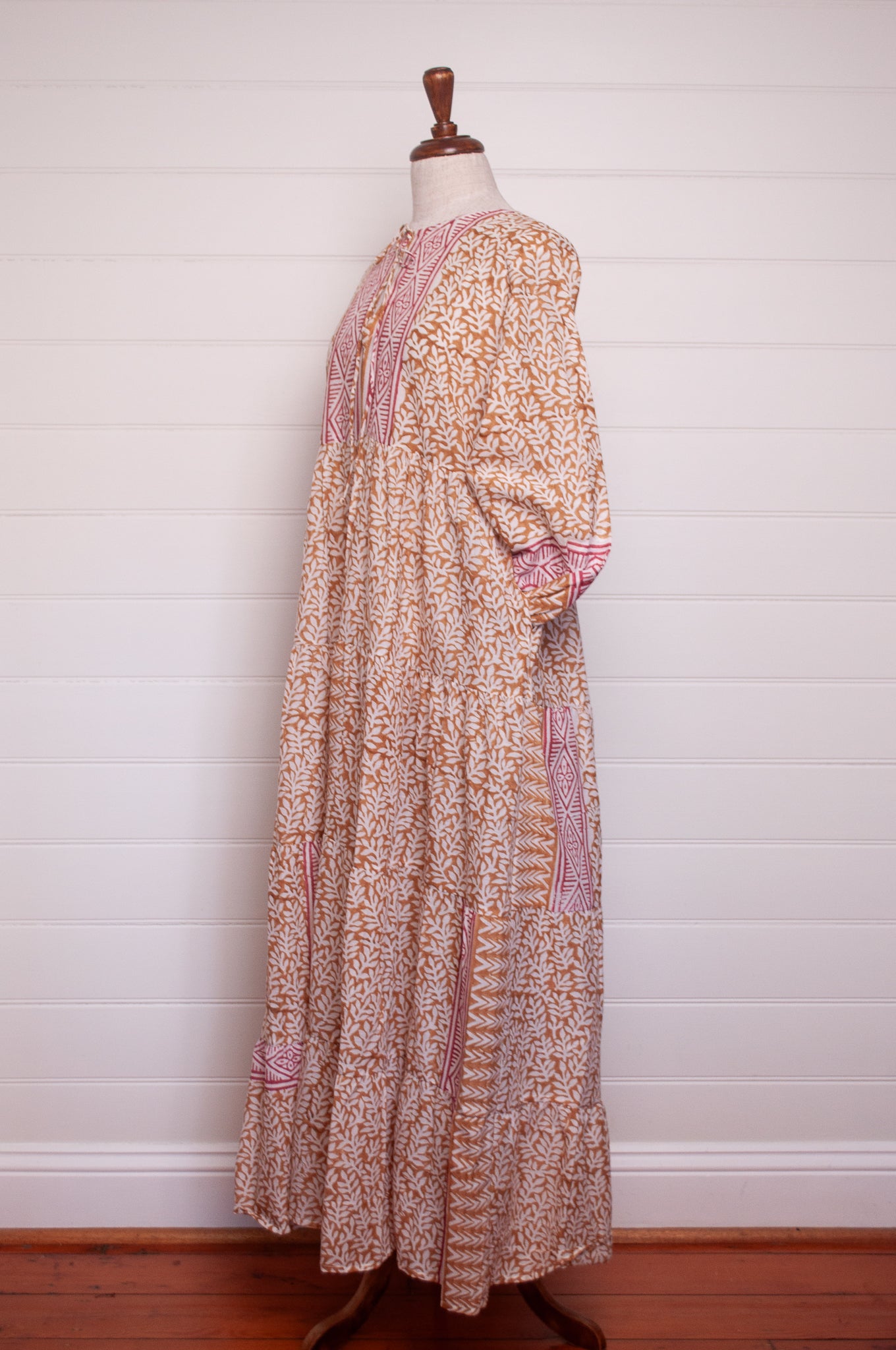 Dora Maxi dress light cotton voile blockprint maxi dress mustard on white floral with red accents.