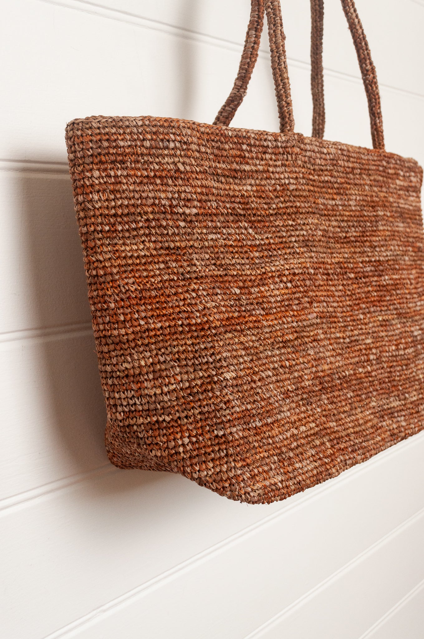 Sophie Digard large sized crocheted raffia bag in Mouflon marled brown.