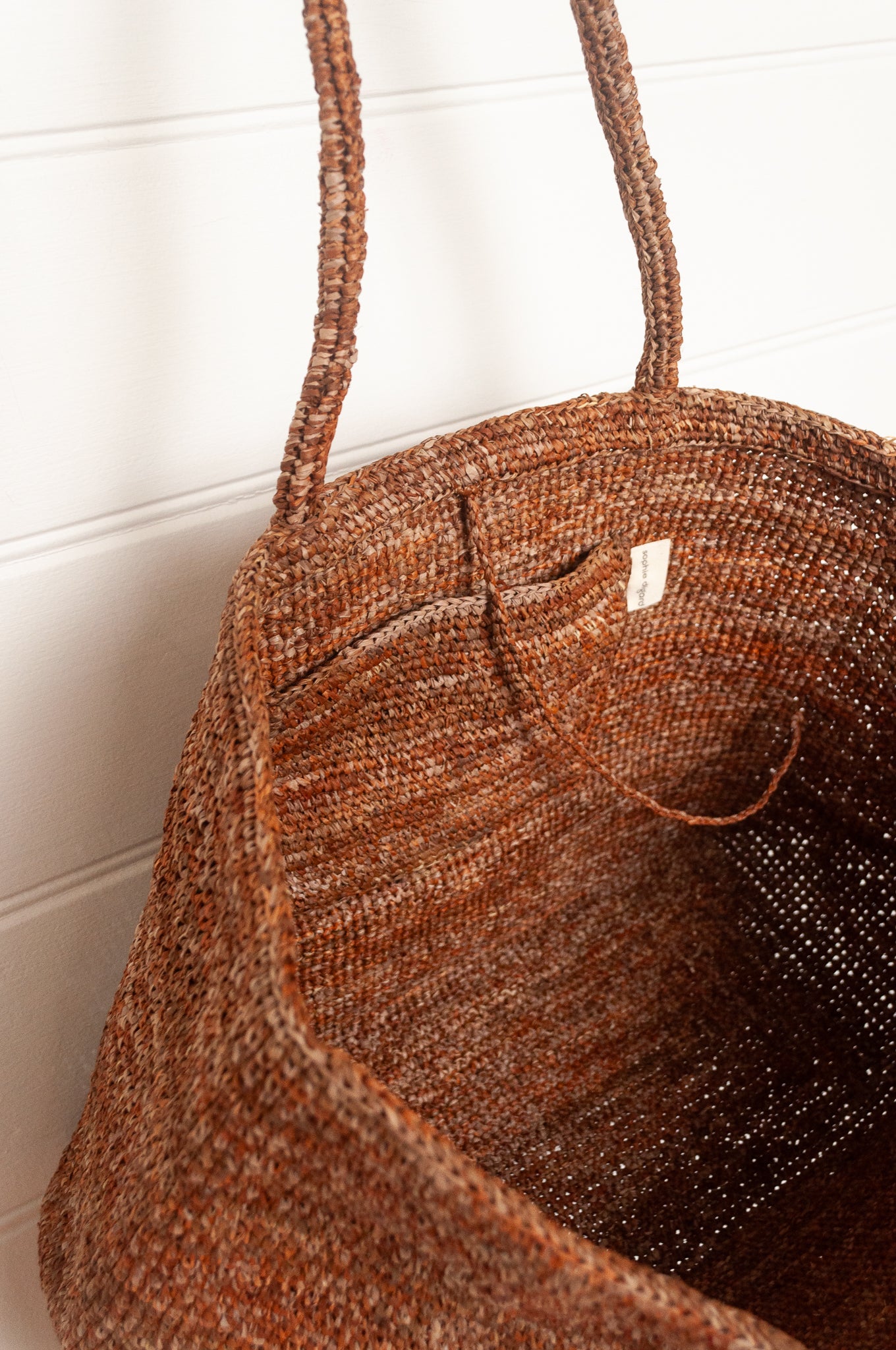Sophie Digard large sized crocheted raffia bag in Mouflon marled brown.