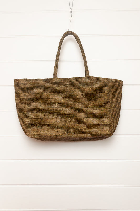 Sophie Digard large sized crocheted raffia bag in Ossido deep olive green.