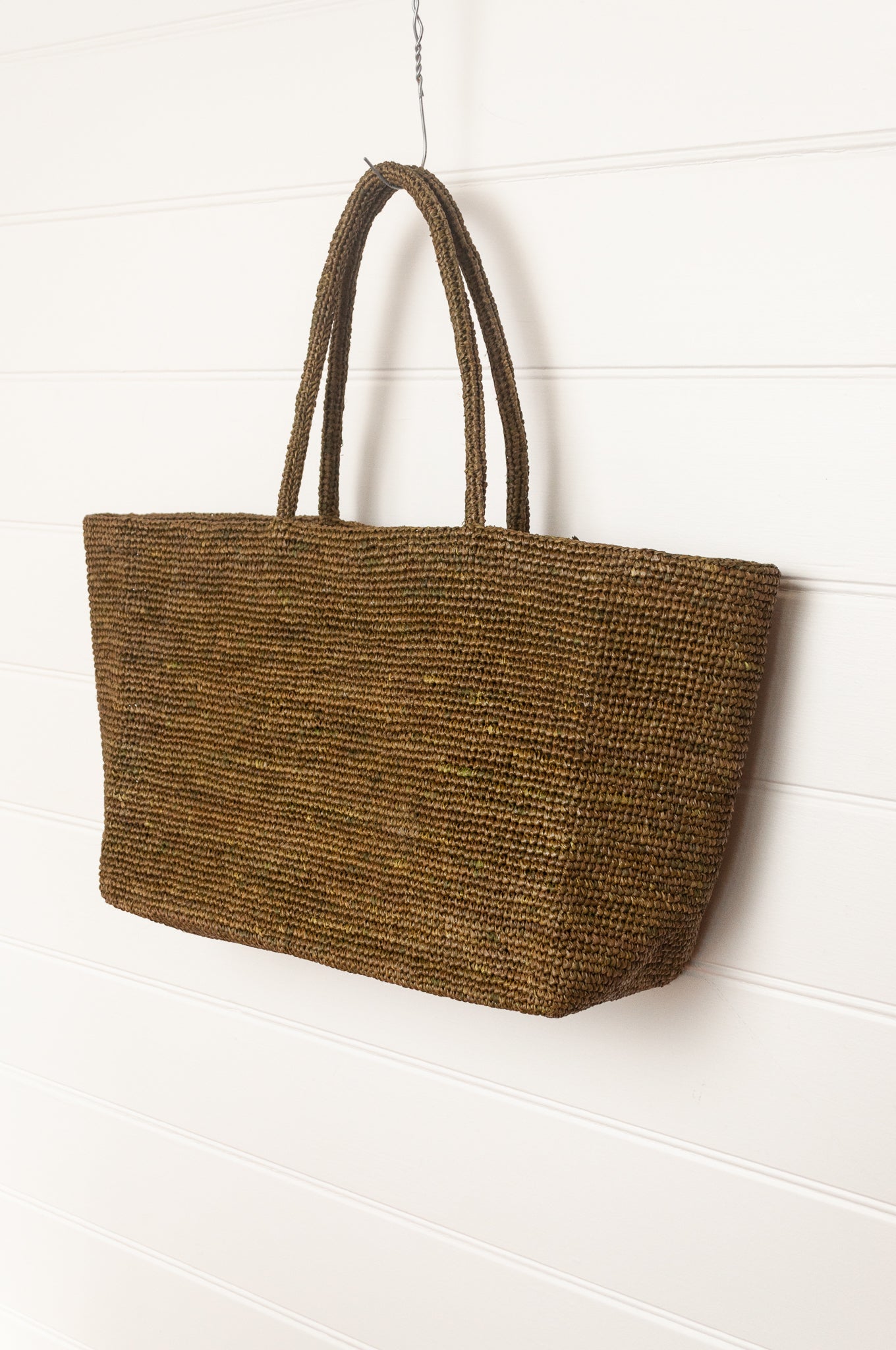 Sophie Digard large sized crocheted raffia bag in Ossido deep olive green.