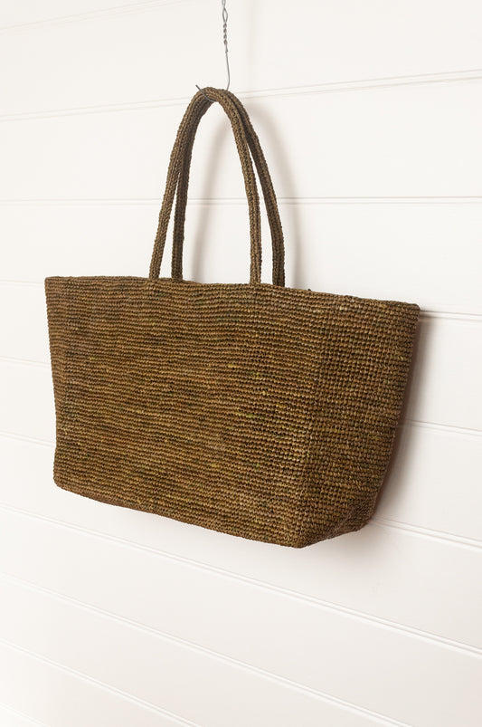 Sophie Digard large sized crocheted raffia bag in Ossido deep olive green.