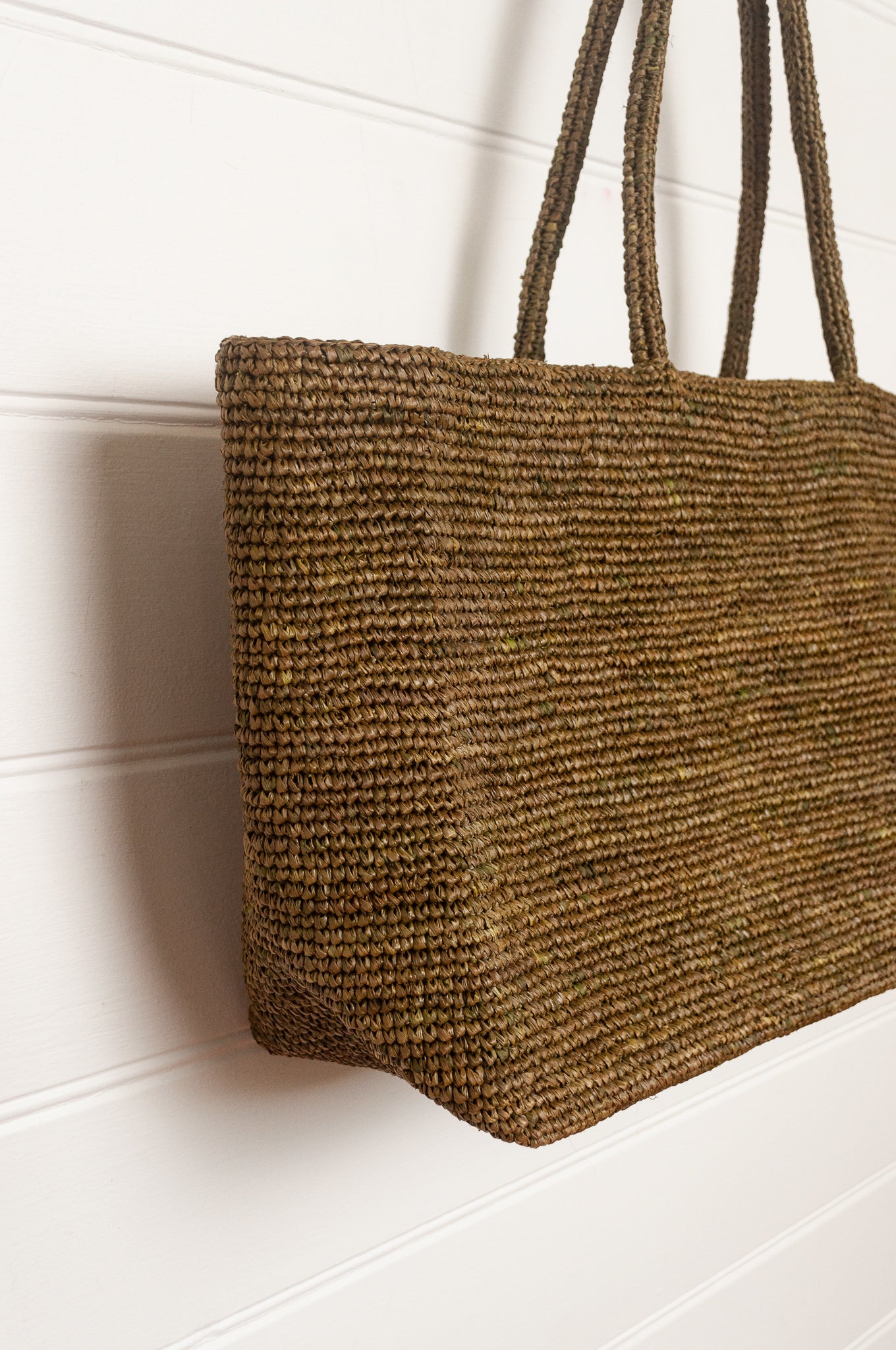 Sophie Digard large sized crocheted raffia bag in Ossido deep olive green.