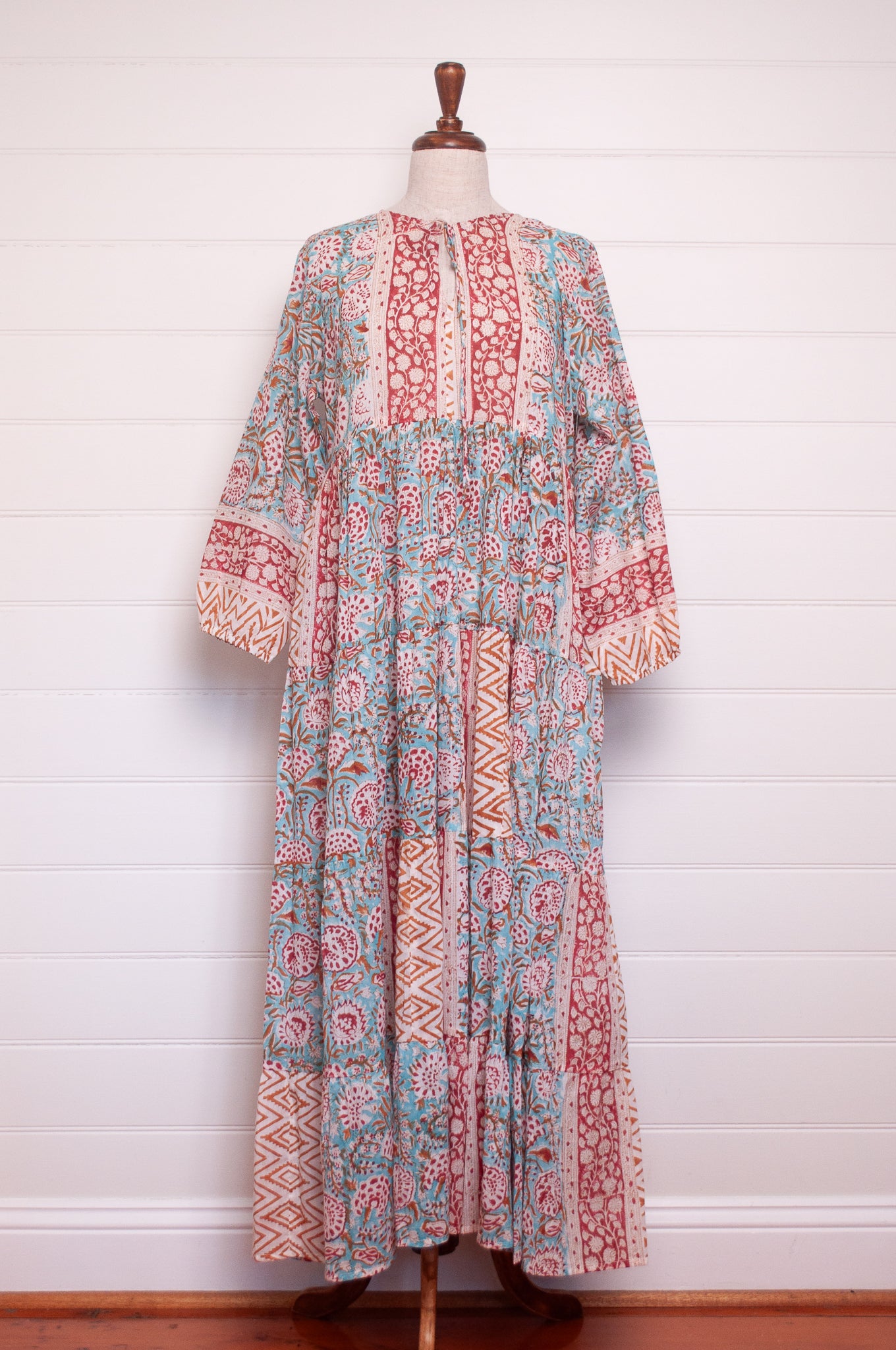 Dora Maxi dress light cotton voile blockprint maxi dress aquamarine red and mustard floral.