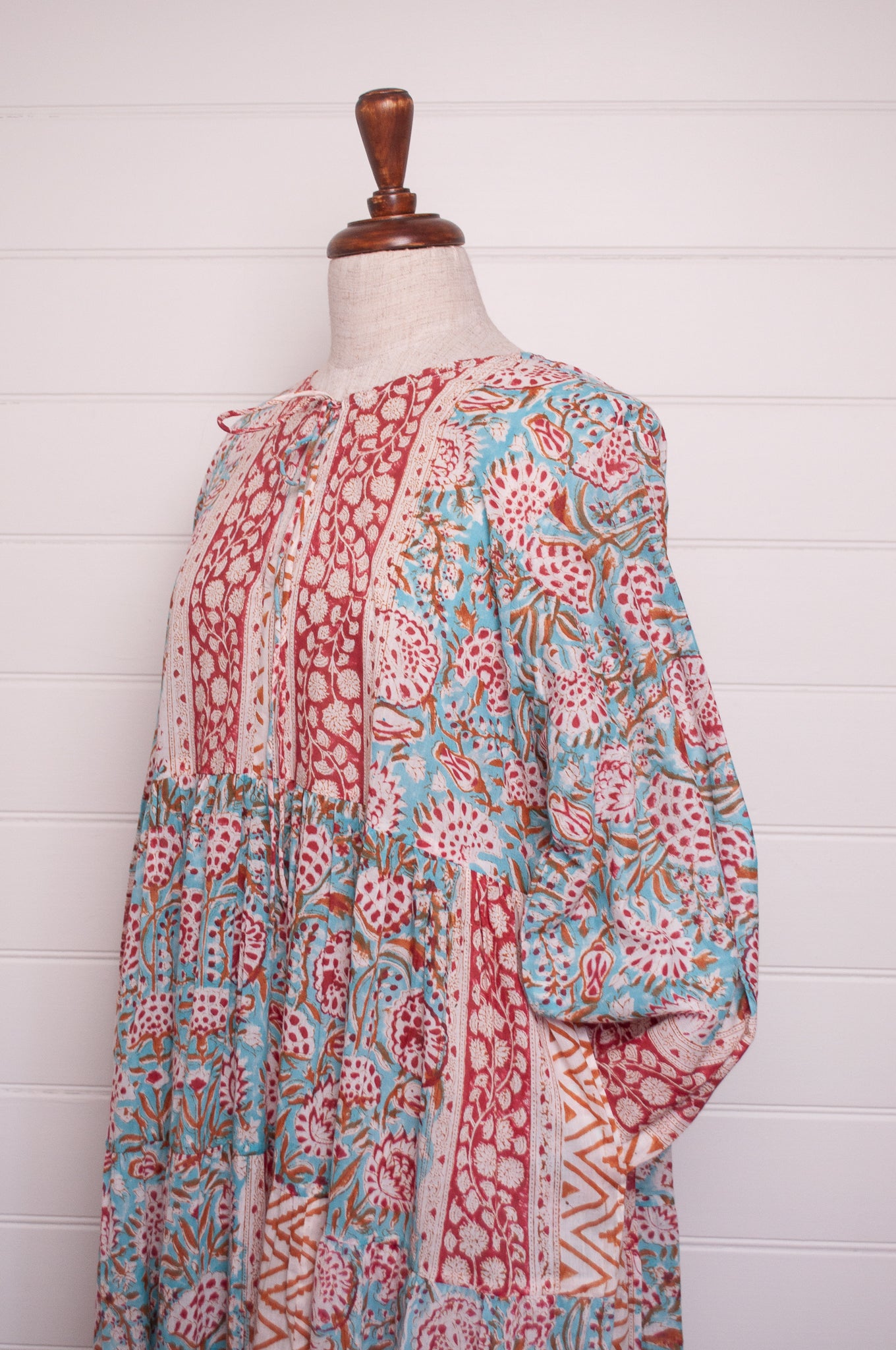 Dora Maxi dress light cotton voile blockprint maxi dress aquamarine red and mustard floral.