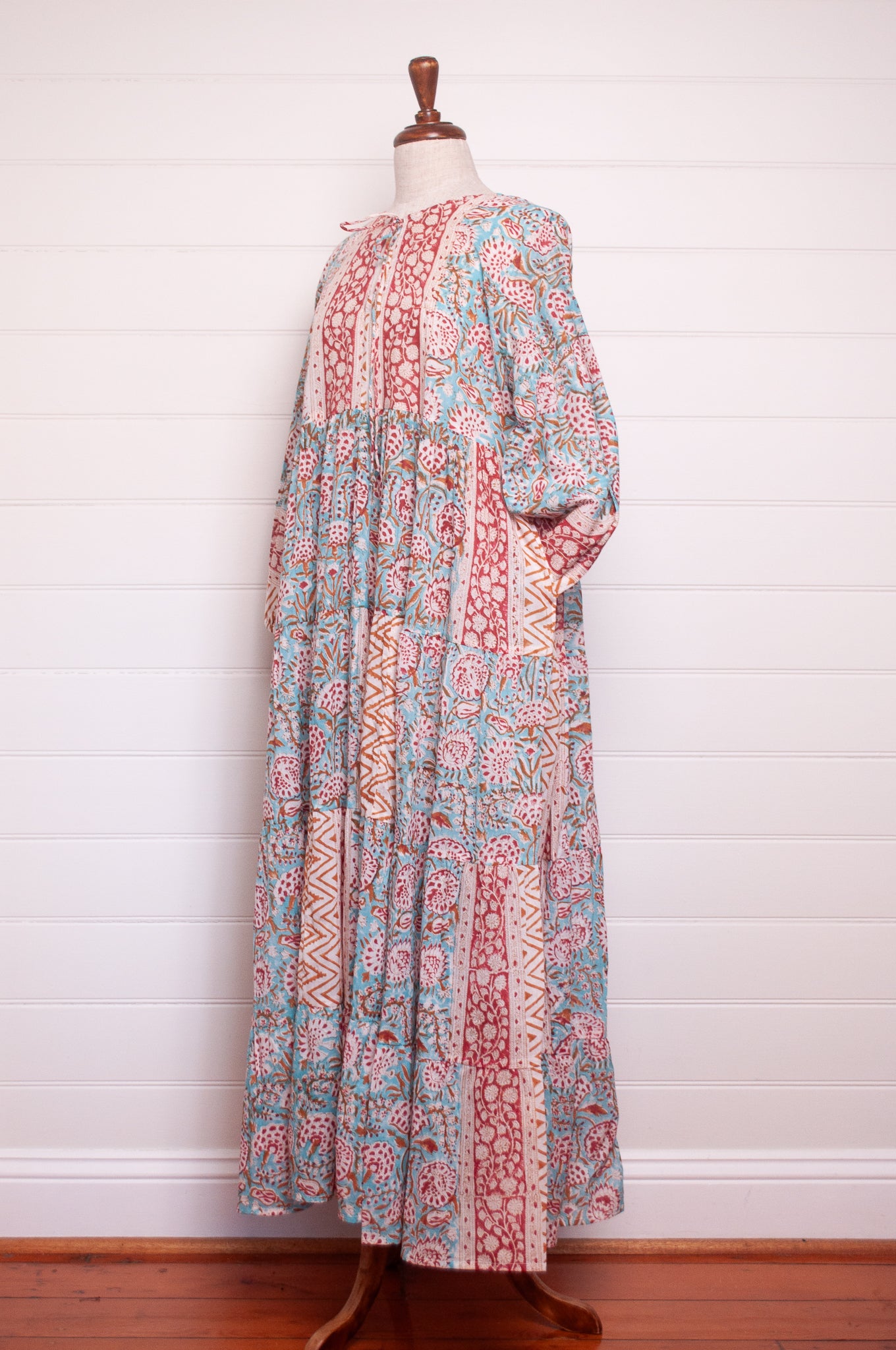 Dora Maxi dress light cotton voile blockprint maxi dress aquamarine red and mustard floral.
