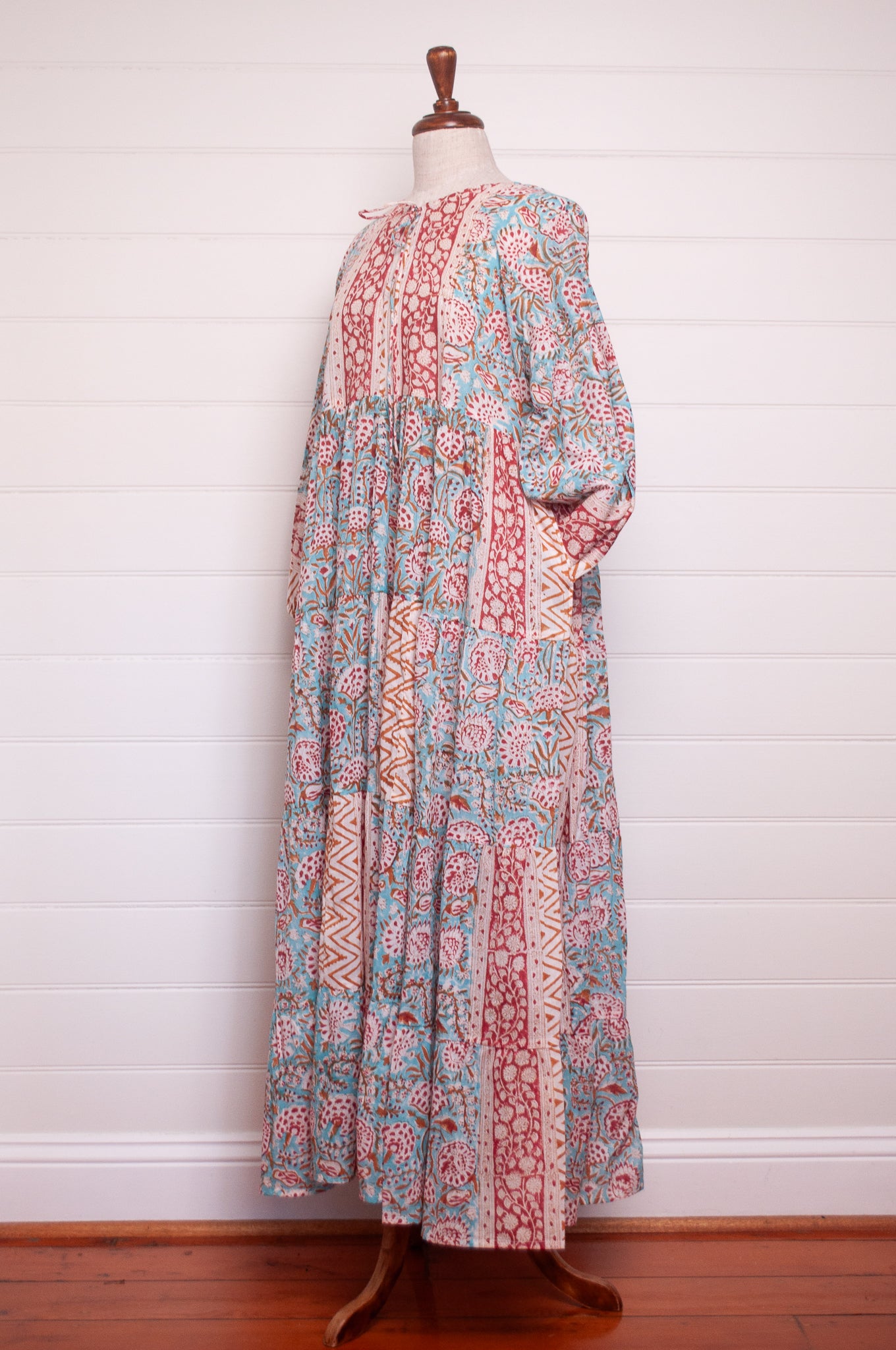 Dora Maxi dress light cotton voile blockprint maxi dress aquamarine red and mustard floral.