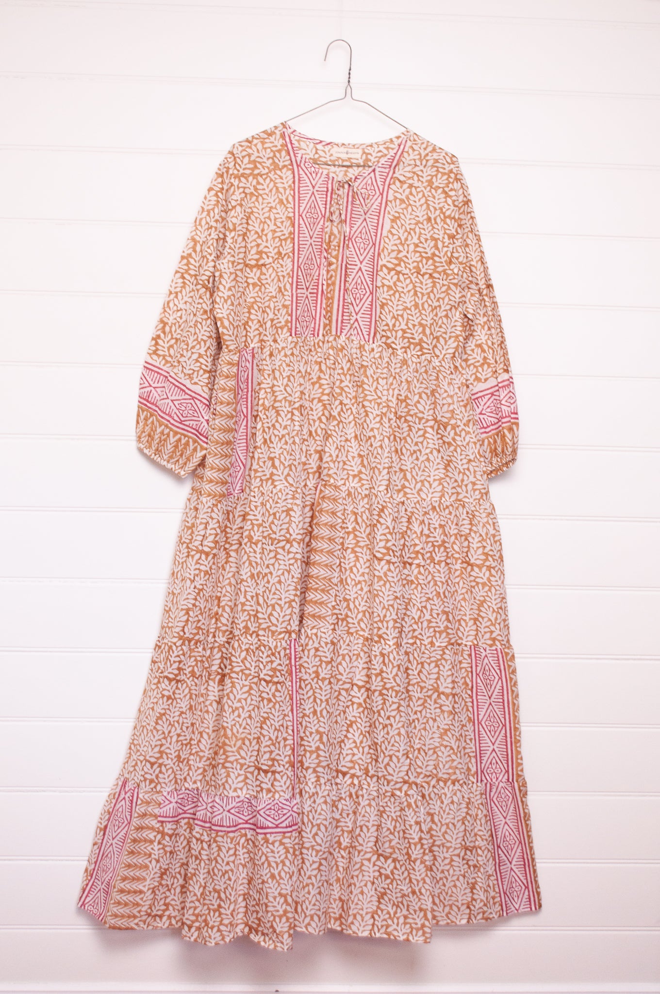 Dora Maxi dress light cotton voile blockprint maxi dress mustard on white floral with red accents.