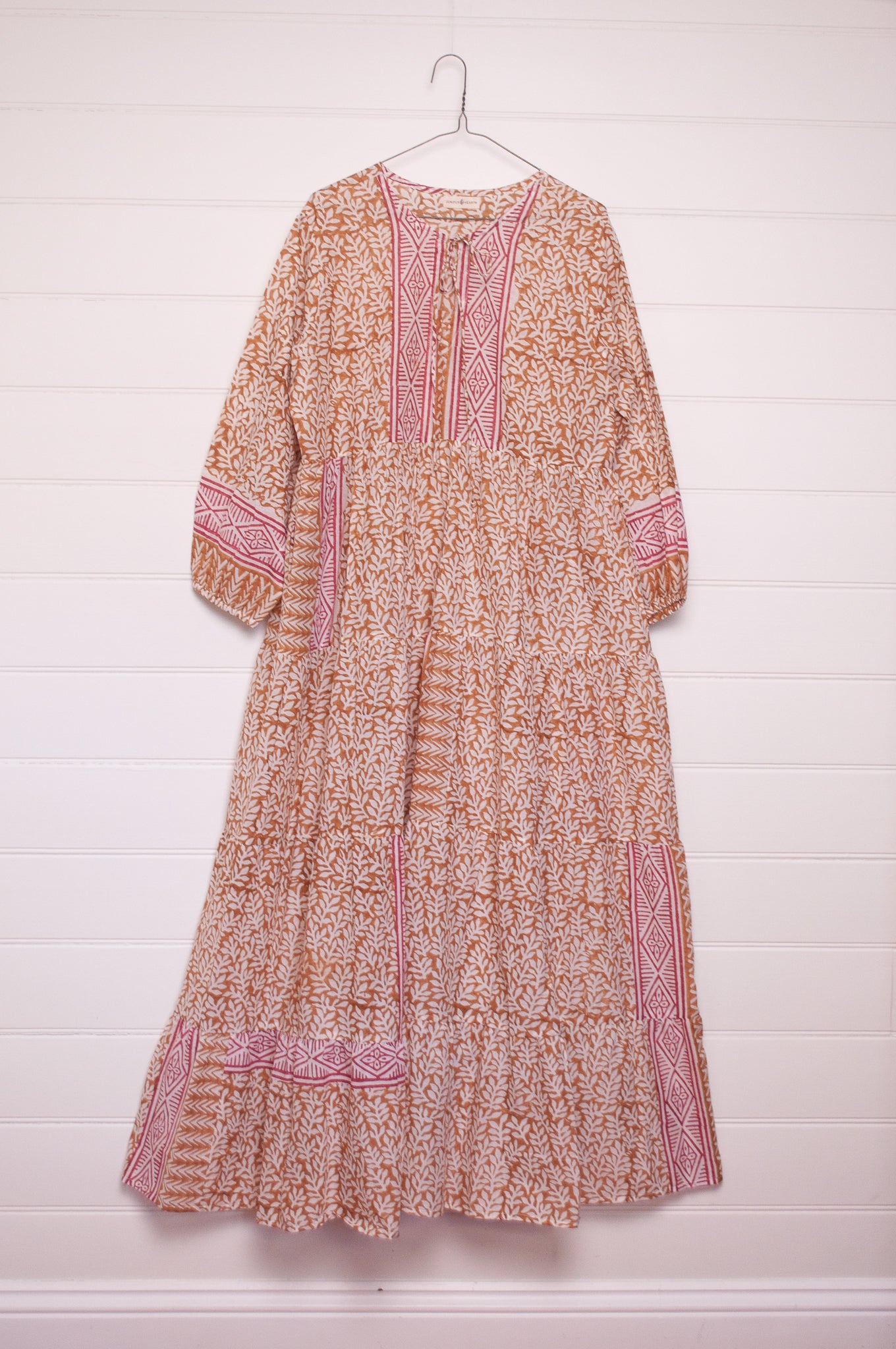 Dora Maxi dress light cotton voile blockprint maxi dress mustard on white floral with red accents.