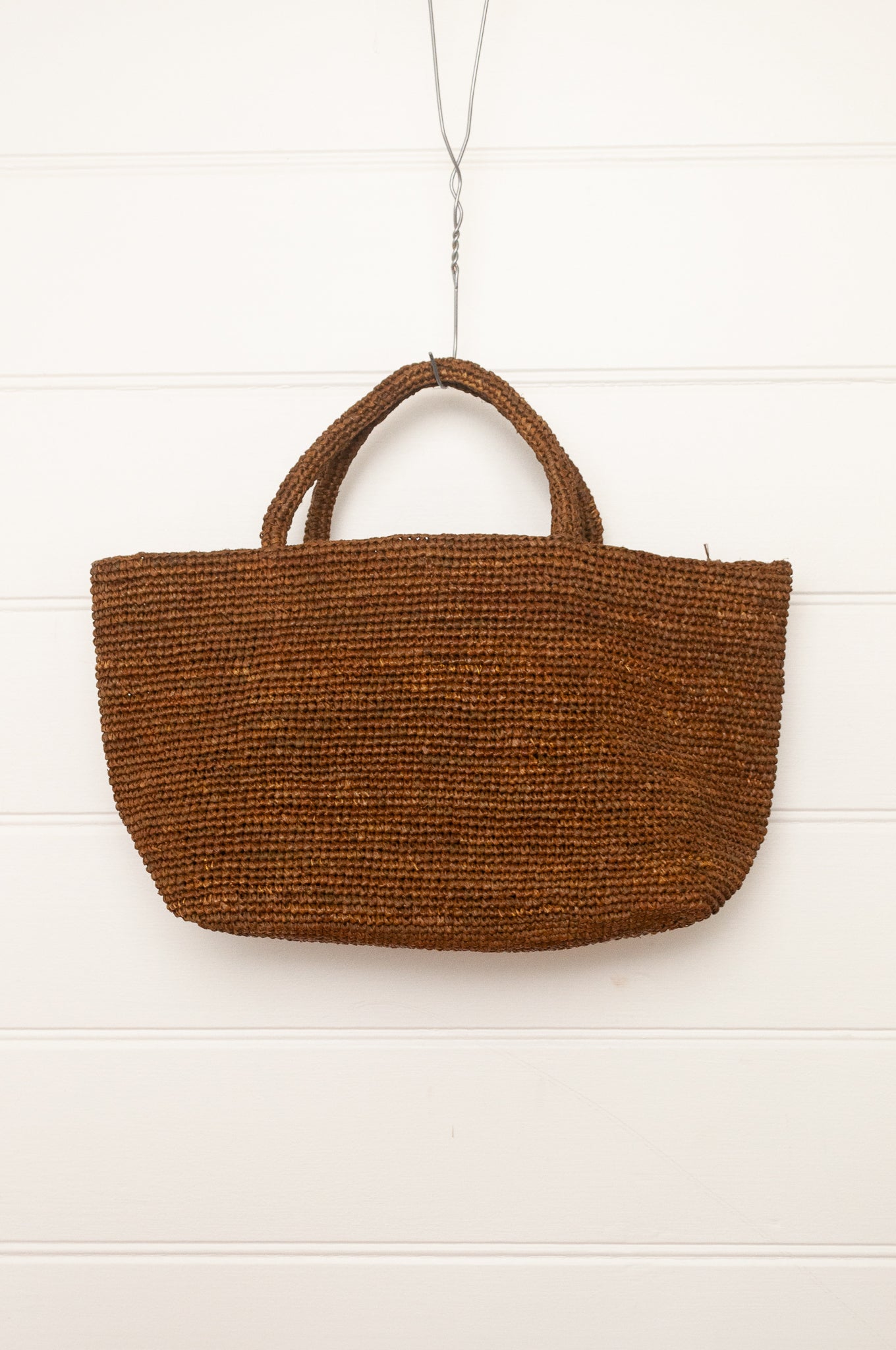 Sophie Digard medium sized crocheted raffia bag in tobacco brown.
