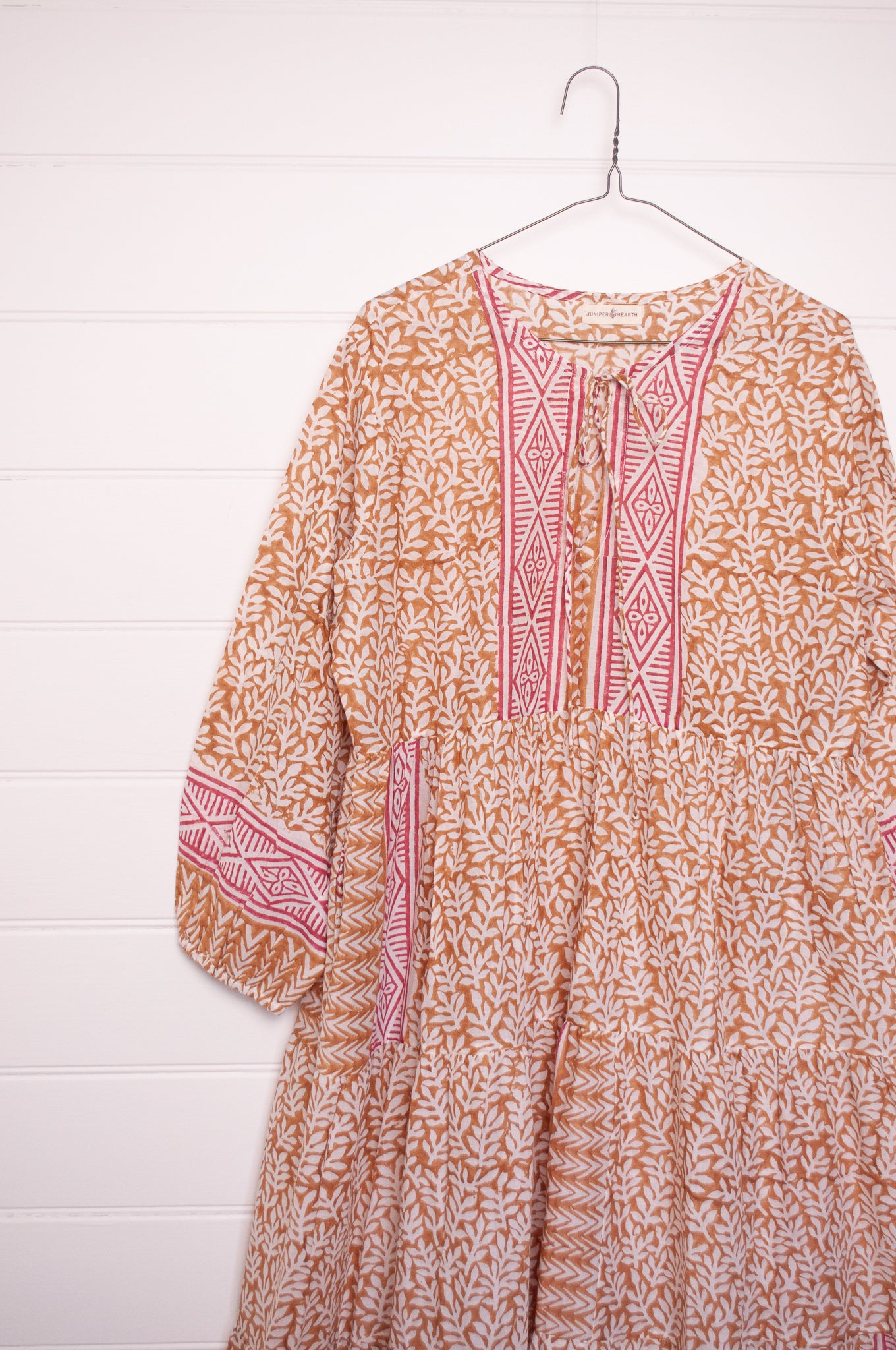 Dora Maxi dress light cotton voile blockprint maxi dress mustard on white floral with red accents.