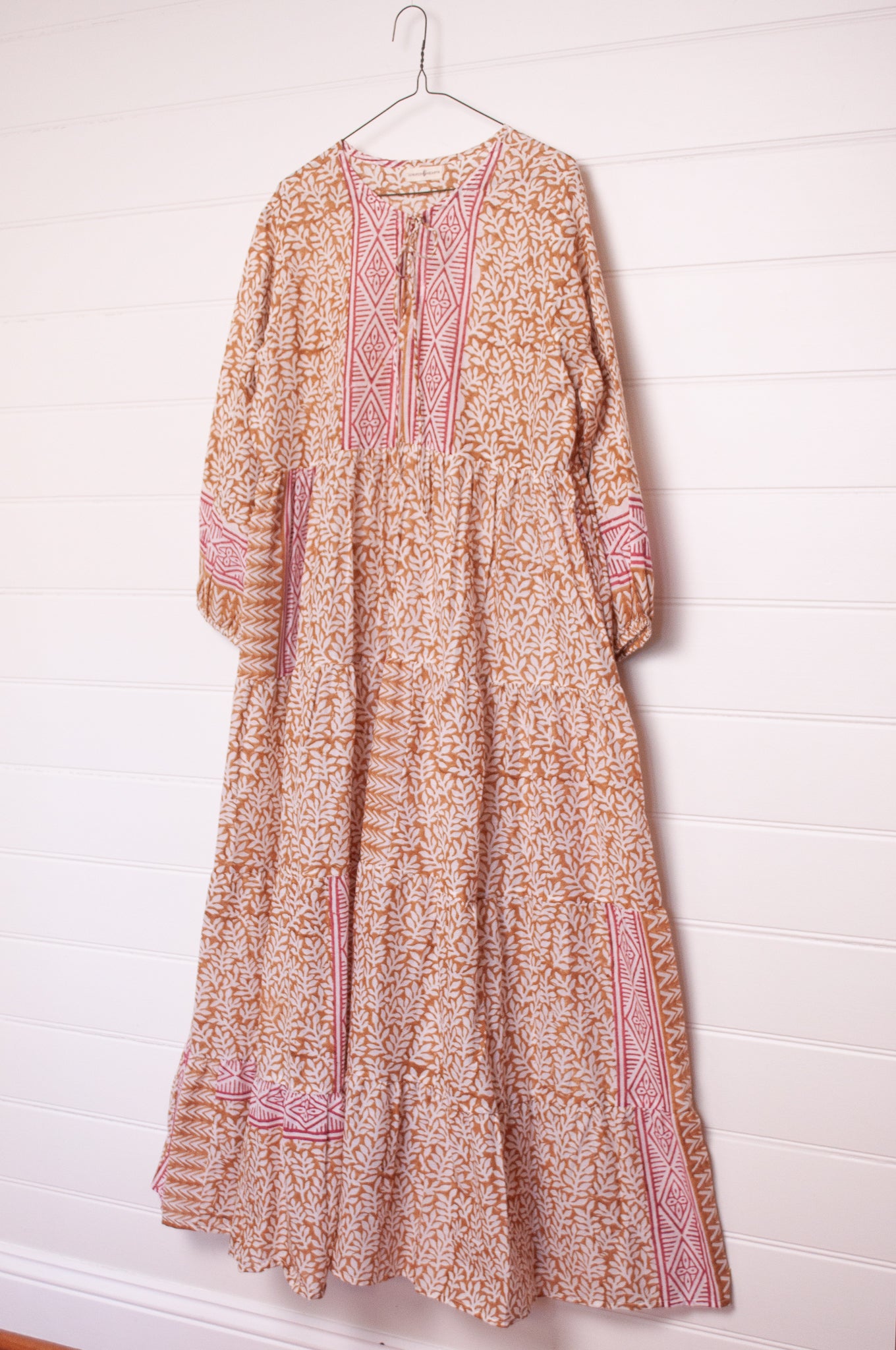 Dora Maxi dress light cotton voile blockprint maxi dress mustard on white floral with red accents.