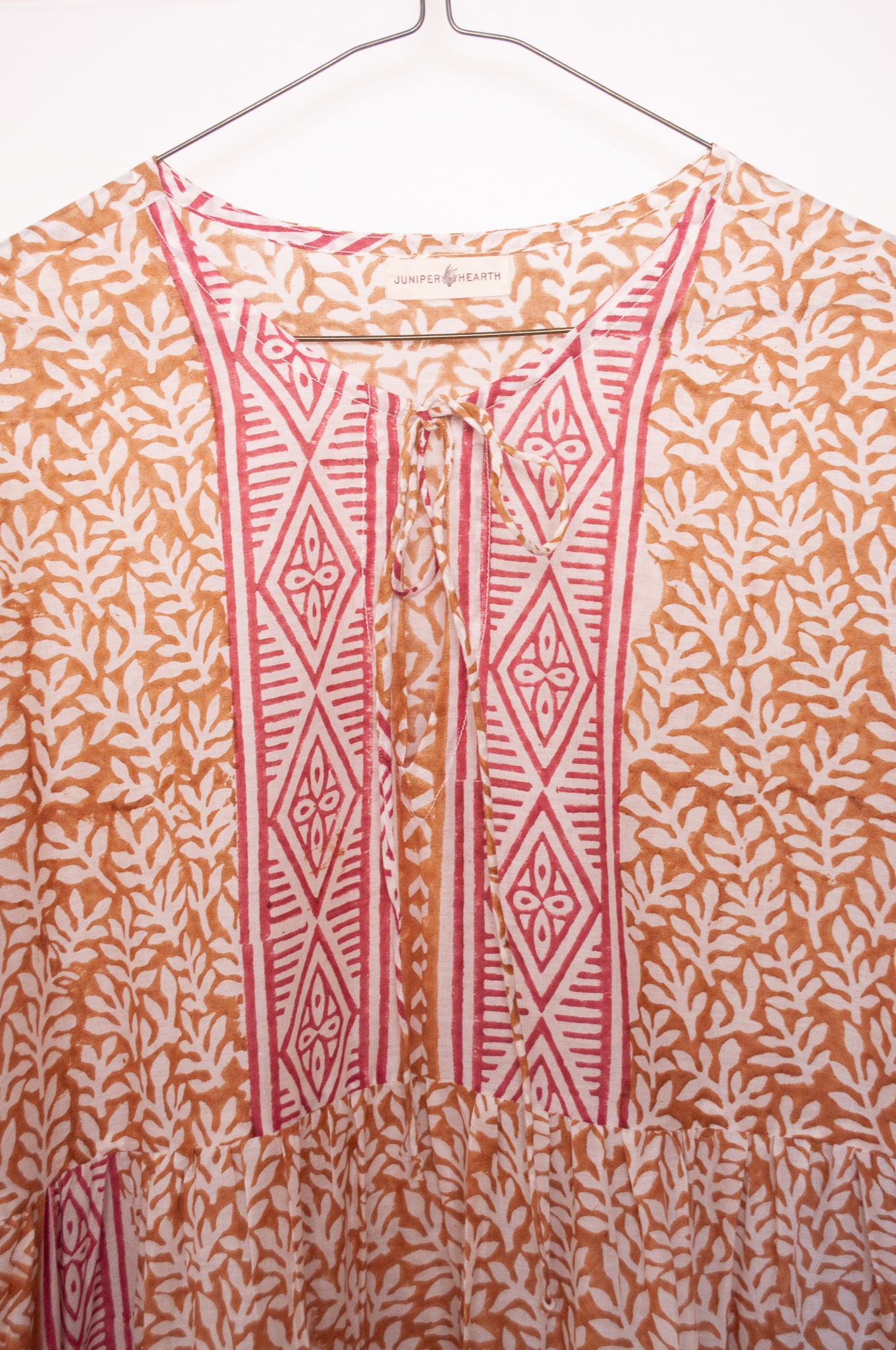 Dora Maxi dress light cotton voile blockprint maxi dress mustard on white floral with red accents.