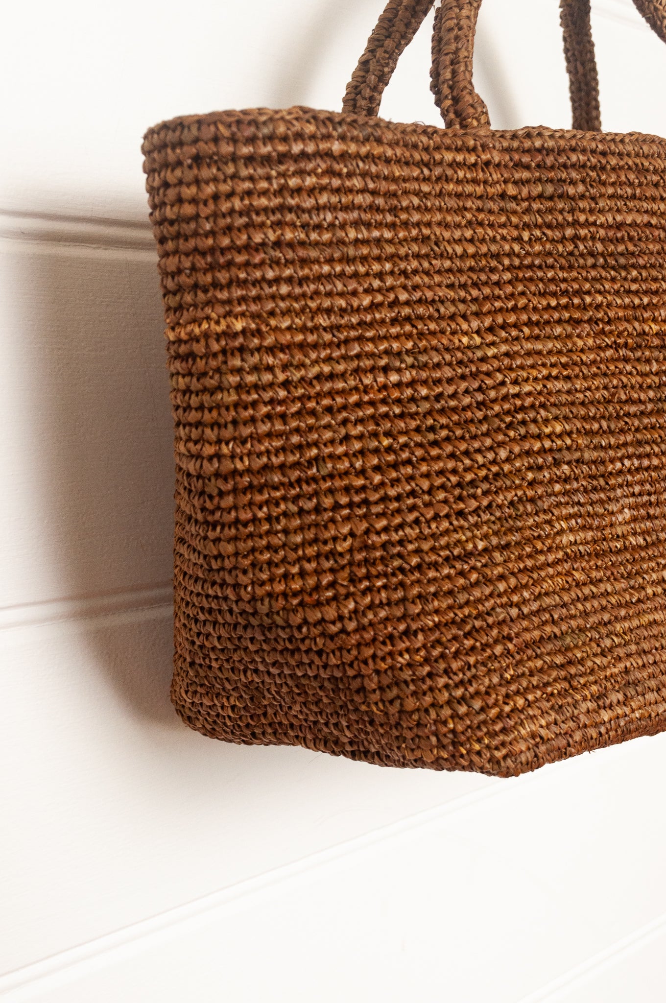 Sophie Digard medium sized crocheted raffia bag in tobacco brown.