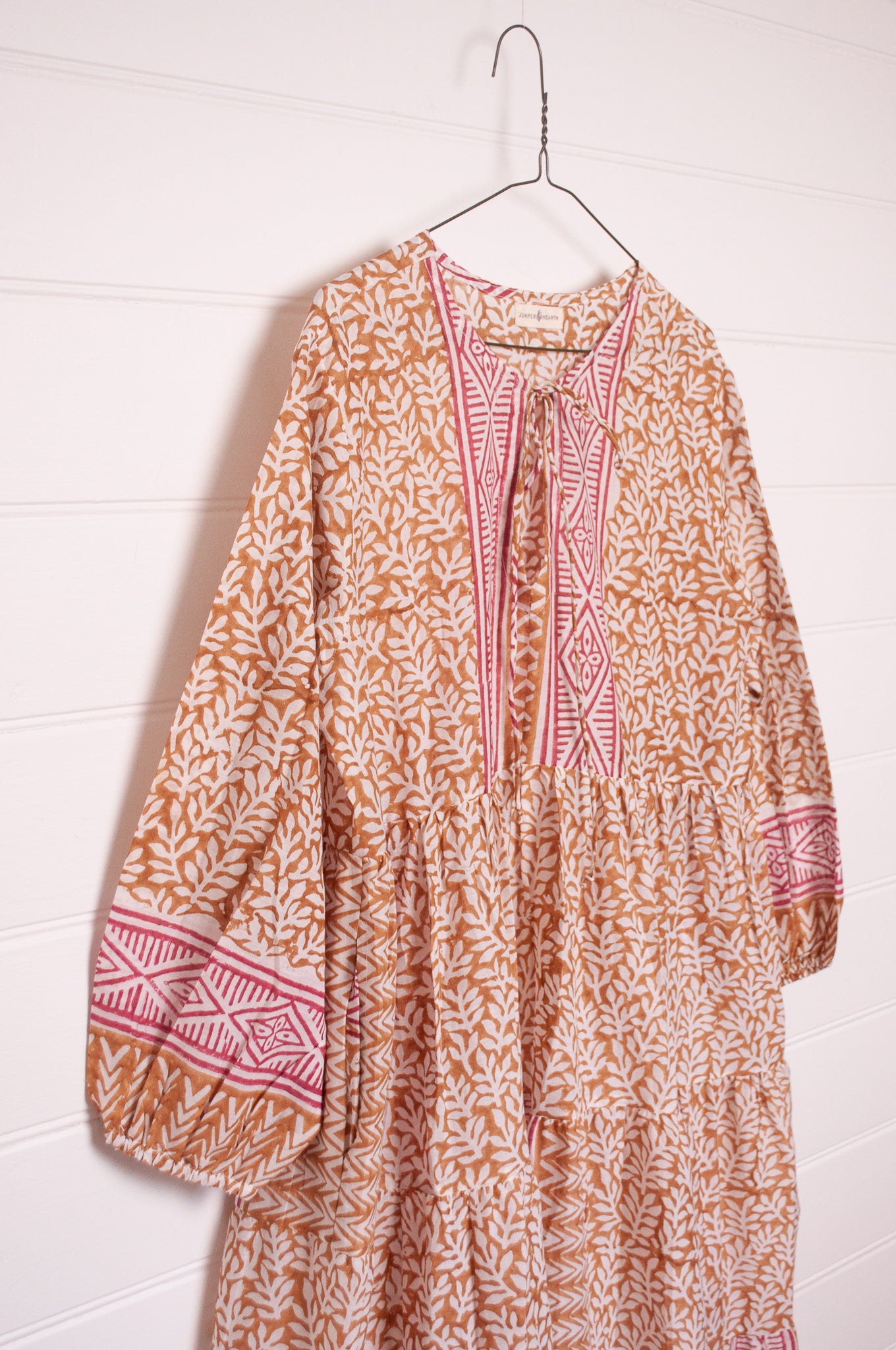 Dora Maxi dress light cotton voile blockprint maxi dress mustard on white floral with red accents.
