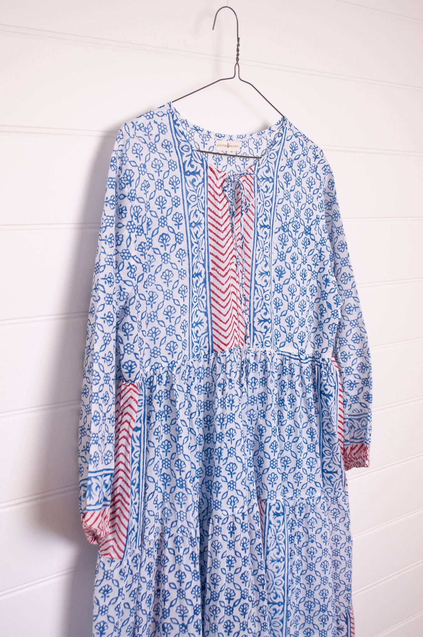 Dora Maxi dress light cotton voile blockprint maxi dress sky blue on white floral with red accents.