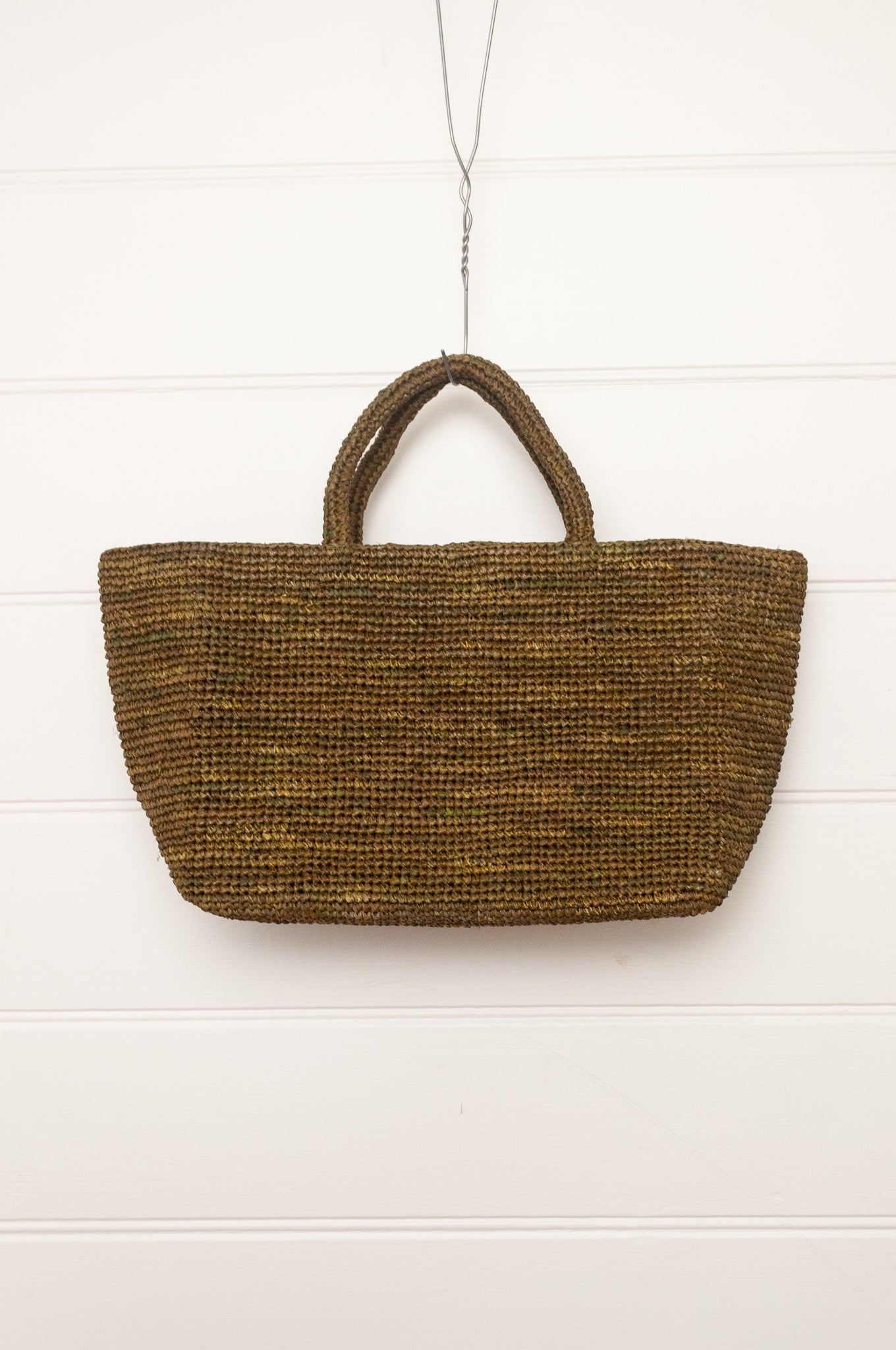 Sophie Digard medium sized crocheted raffia bag in Ossido deep olive green.