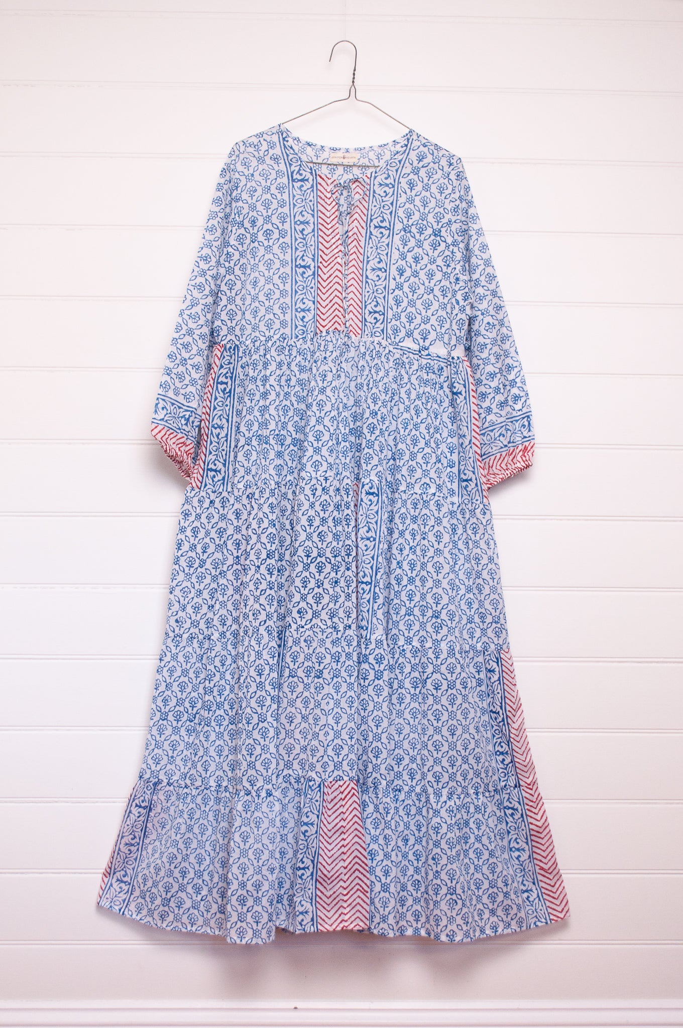 Dora Maxi dress light cotton voile blockprint maxi dress sky blue on white floral with red accents.