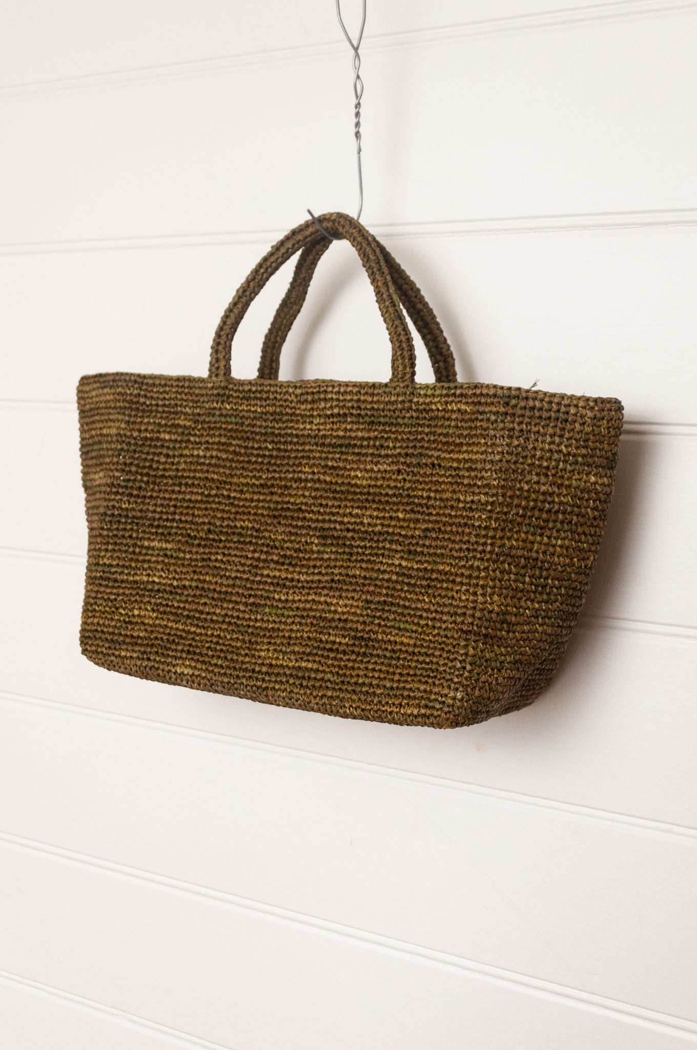 Sophie Digard medium sized crocheted raffia bag in Ossido deep olive green.