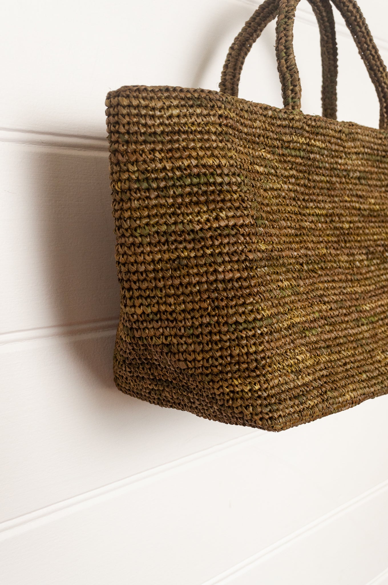 Sophie Digard medium sized crocheted raffia bag in Ossido deep olive green.
