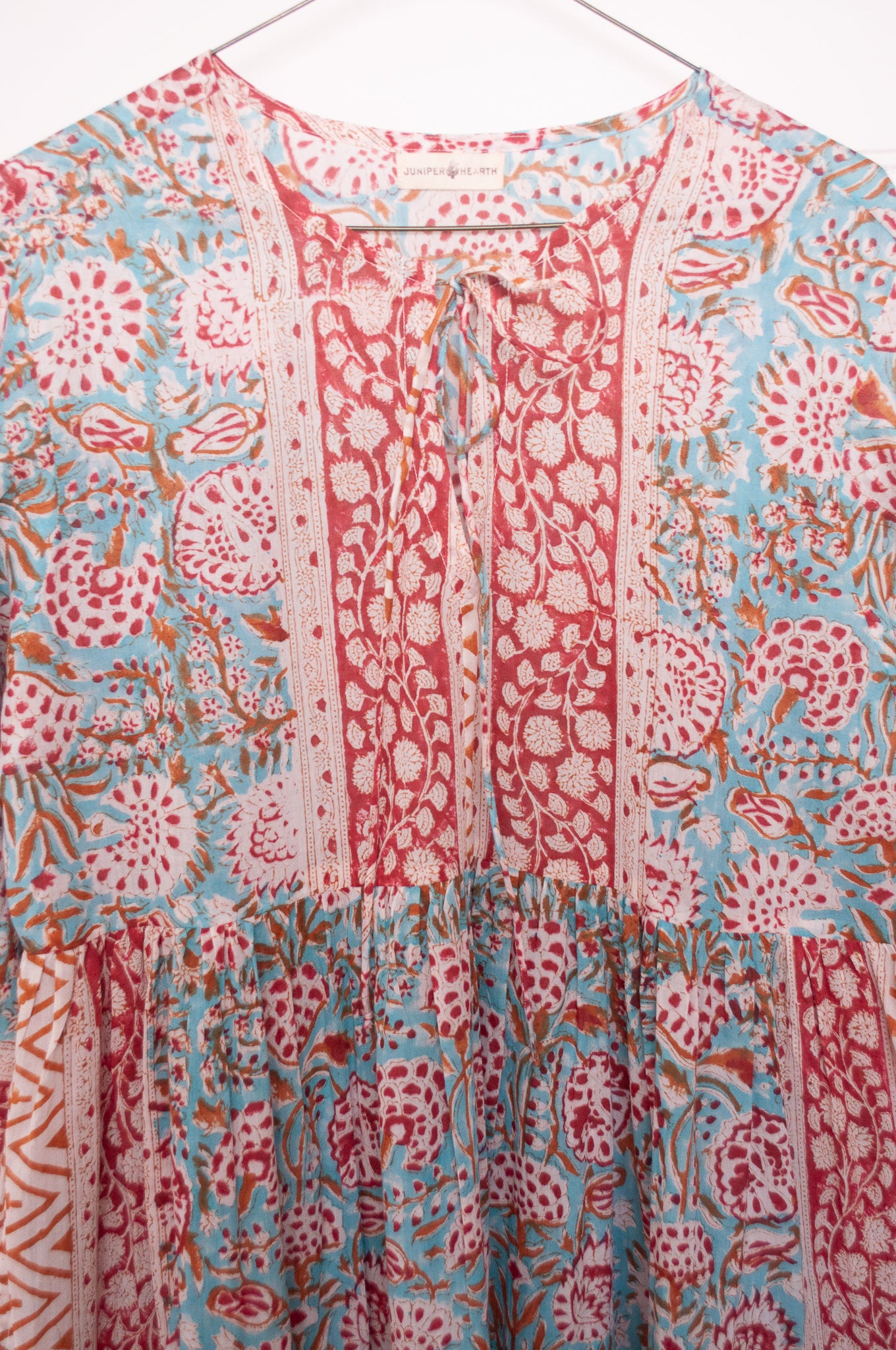 Dora Maxi dress light cotton voile blockprint maxi dress aquamarine red and mustard floral.