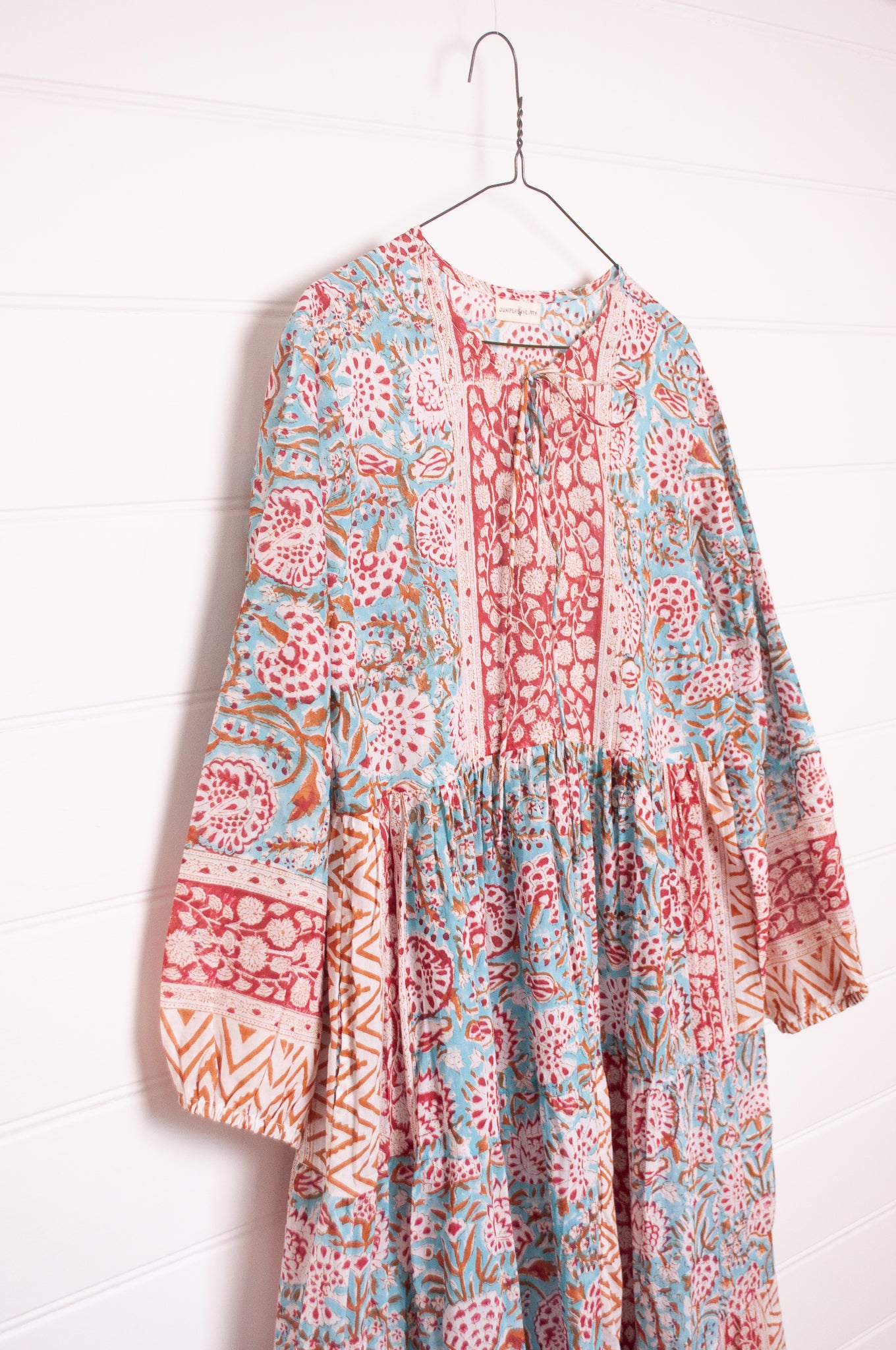 Dora Maxi dress light cotton voile blockprint maxi dress aquamarine red and mustard floral.