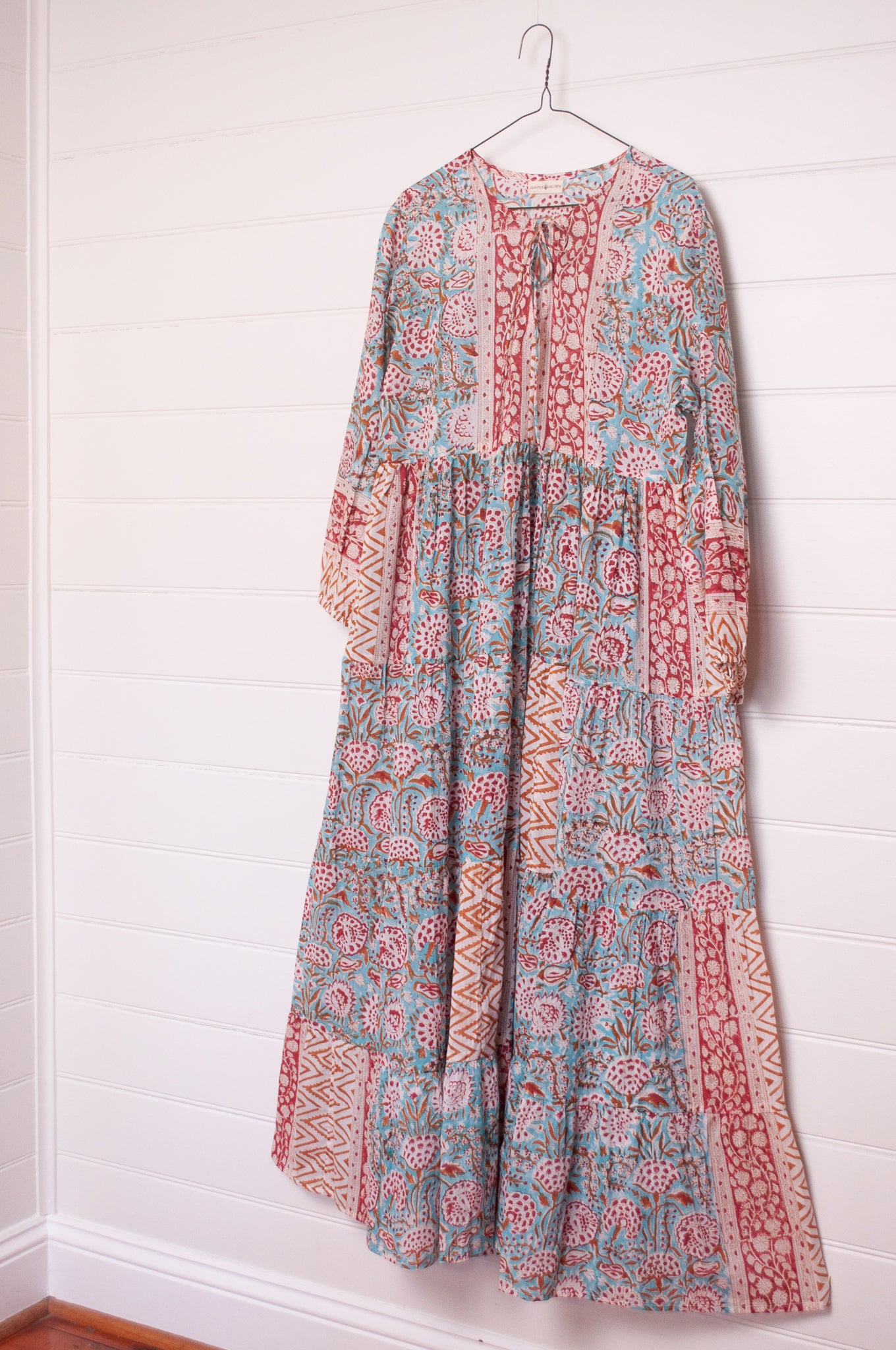 Dora Maxi dress light cotton voile blockprint maxi dress aquamarine red and mustard floral.