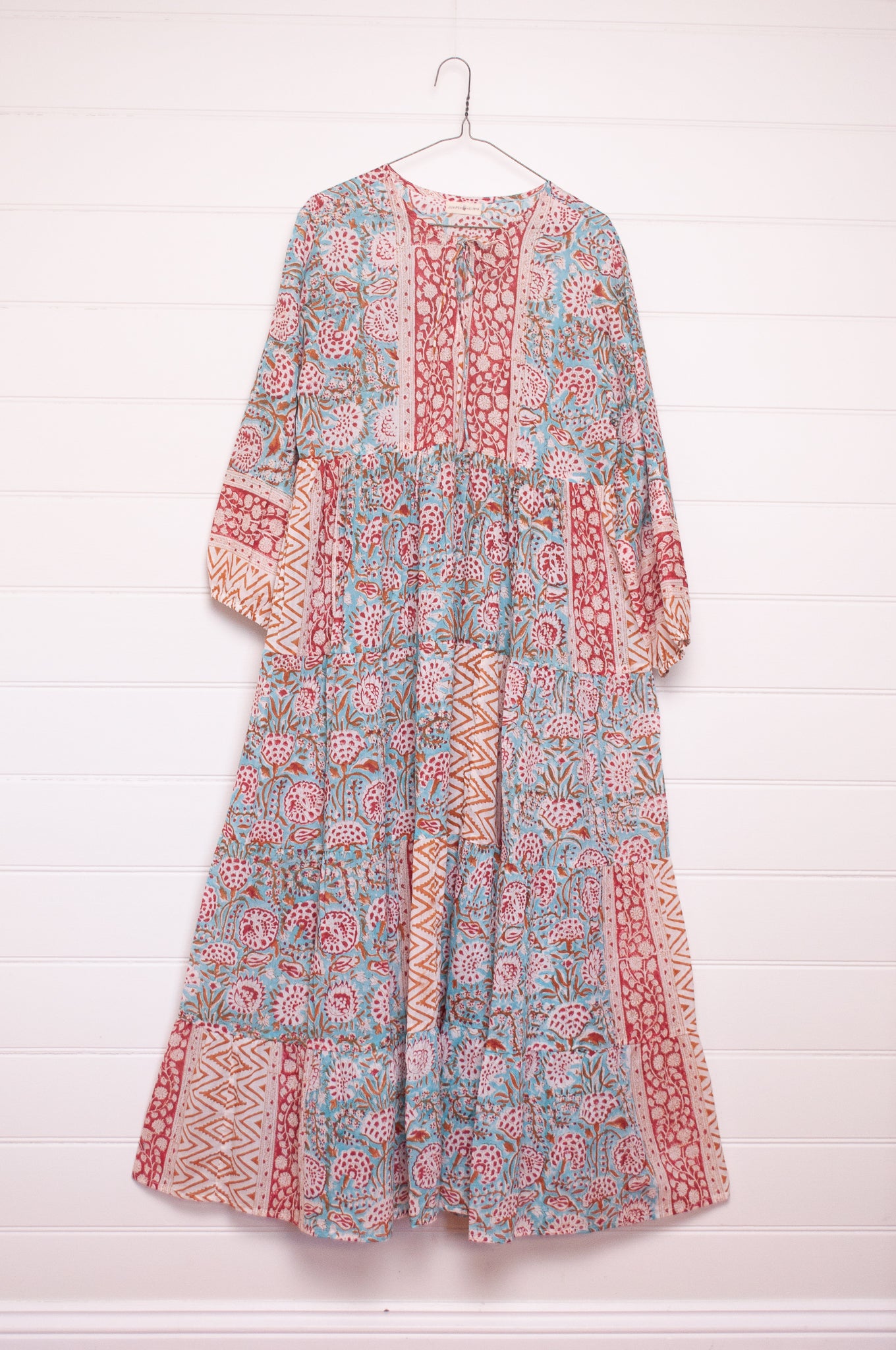 Dora Maxi dress light cotton voile blockprint maxi dress aquamarine red and mustard floral.