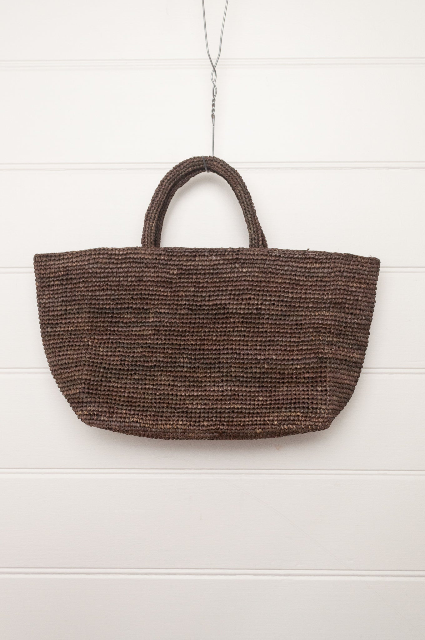 Sophie Digard medium sized crocheted raffia bag in Argile deep earthy brown.