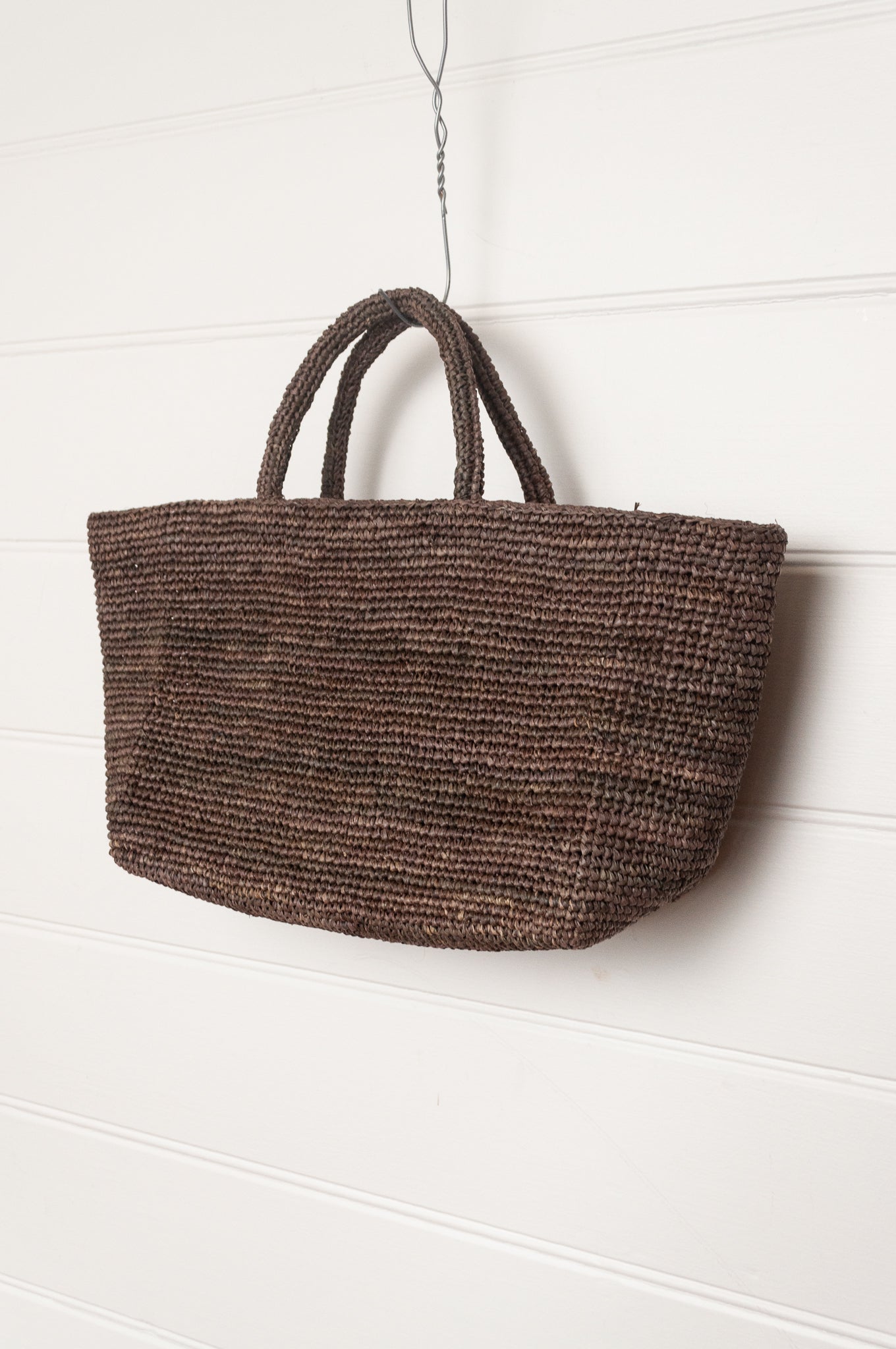 Sophie Digard medium sized crocheted raffia bag in Argile deep earthy brown.