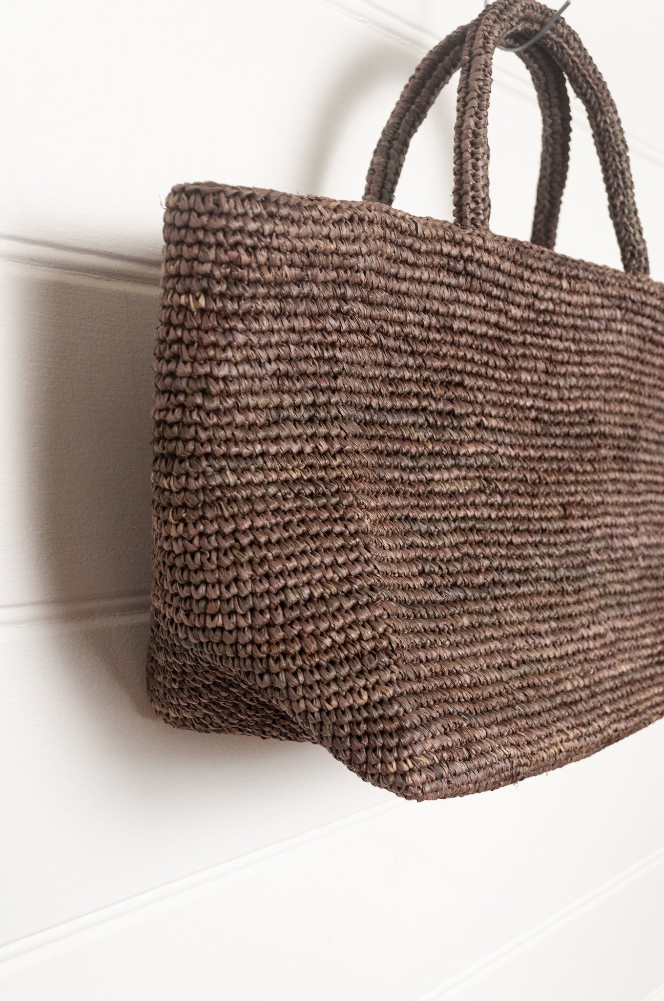 Sophie Digard medium sized crocheted raffia bag in Argile deep earthy brown.
