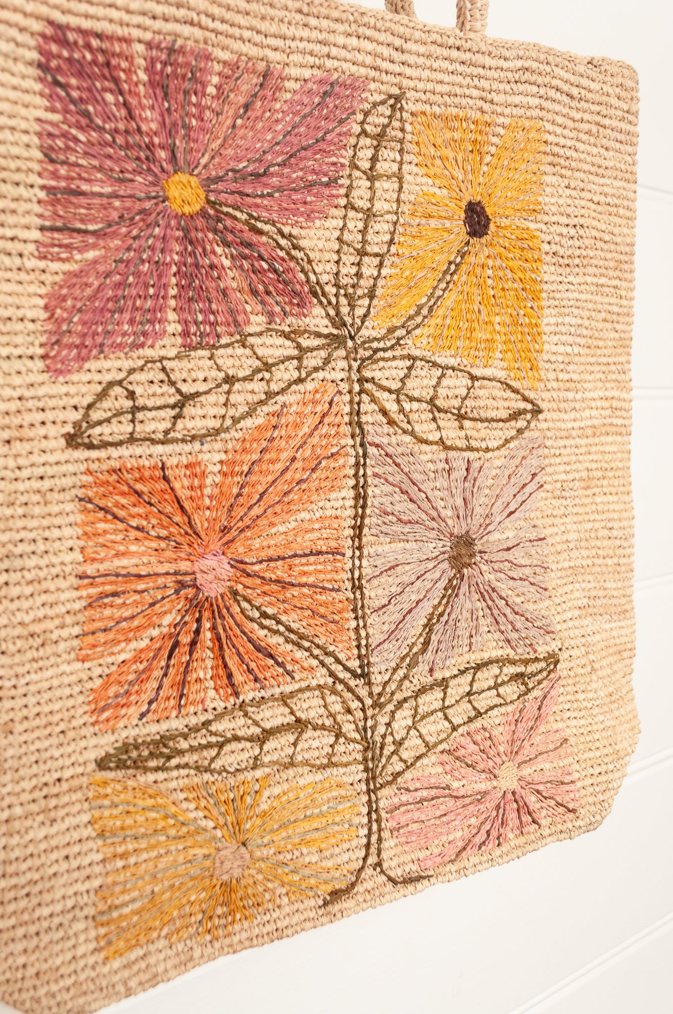 Sophie Digard natural coloured large tote bag with large flowers embroidered in warm neutral tones.