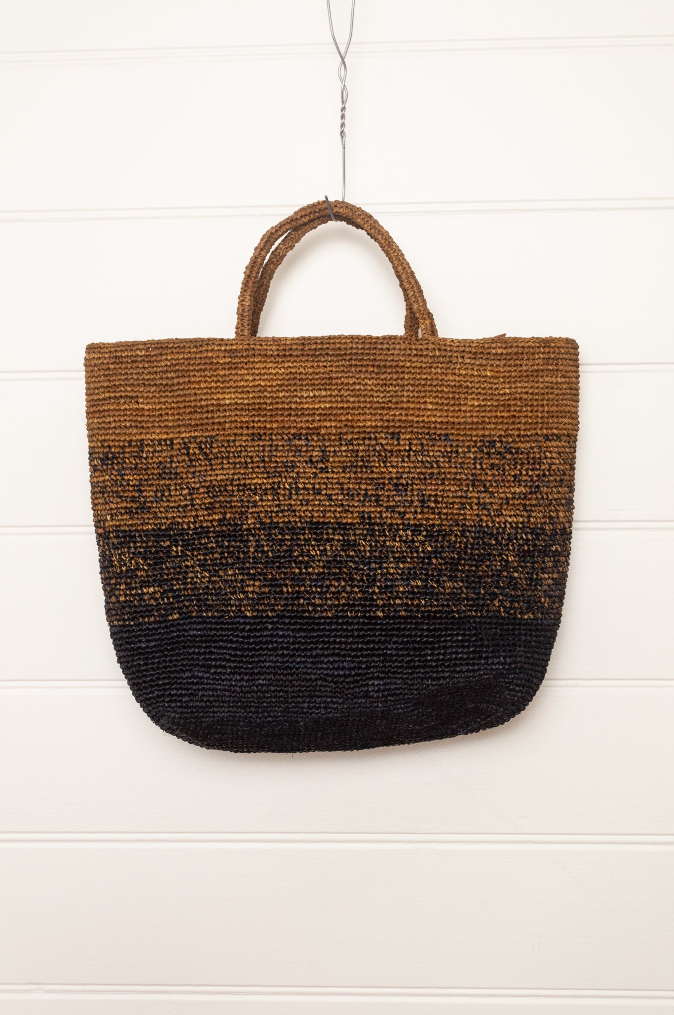 Sophie Digard large raffia tote bag in stripes of charcoal graphite and rich brown.