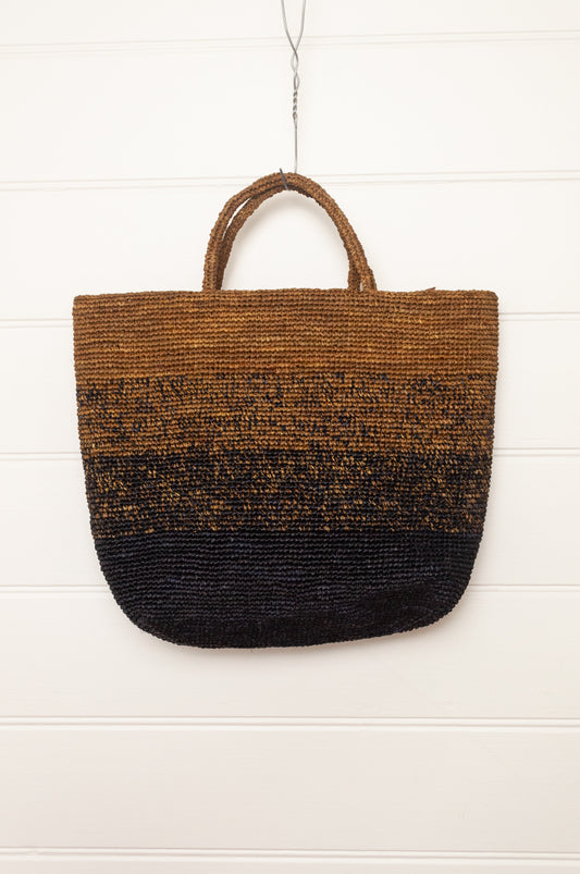 Sophie Digard large raffia tote bag in stripes of charcoal graphite and rich brown.