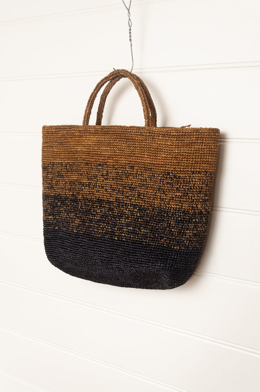 Sophie Digard large raffia tote bag in stripes of charcoal graphite and rich brown.