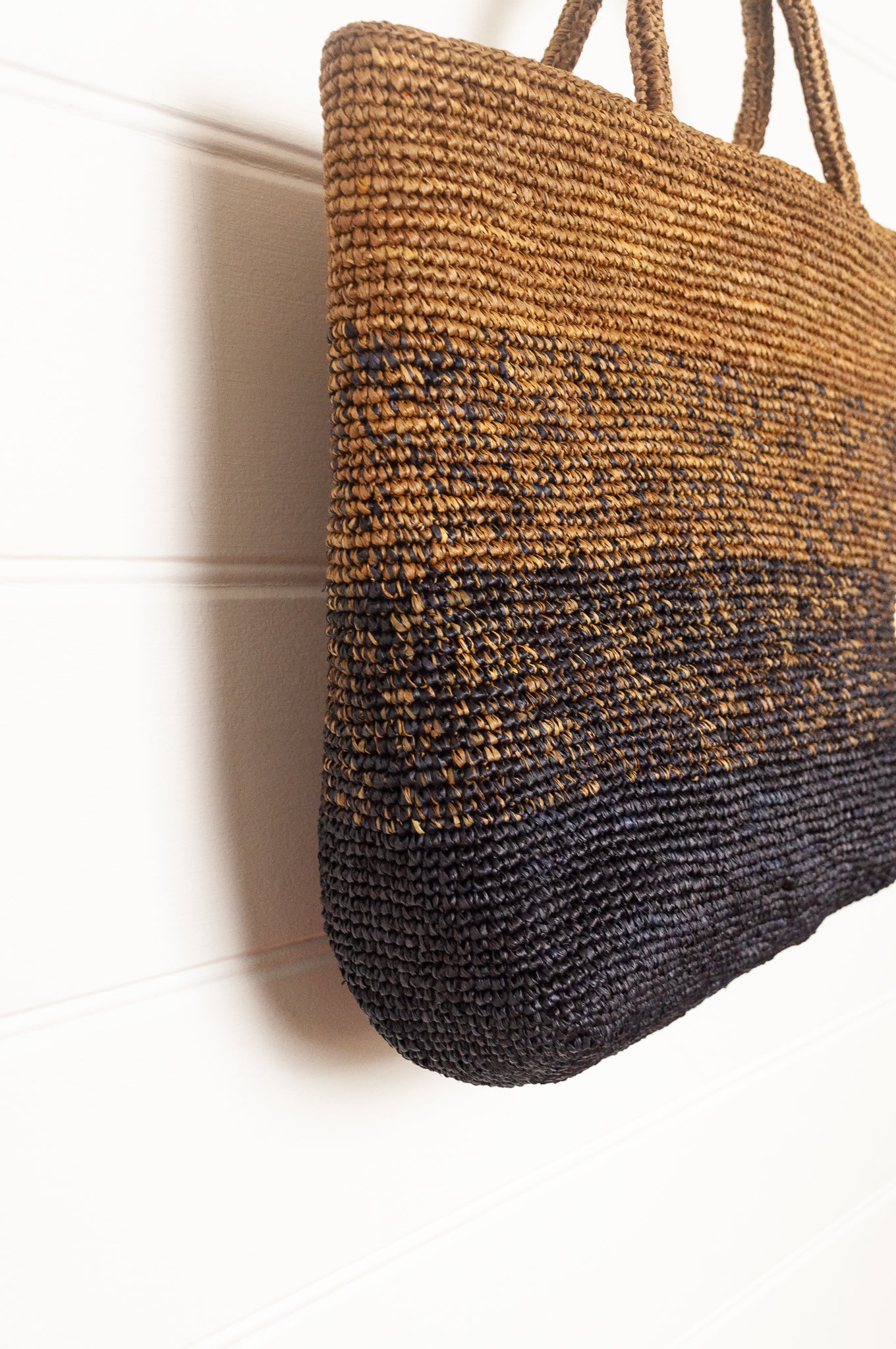 Sophie Digard large raffia tote bag in stripes of charcoal graphite and rich brown.