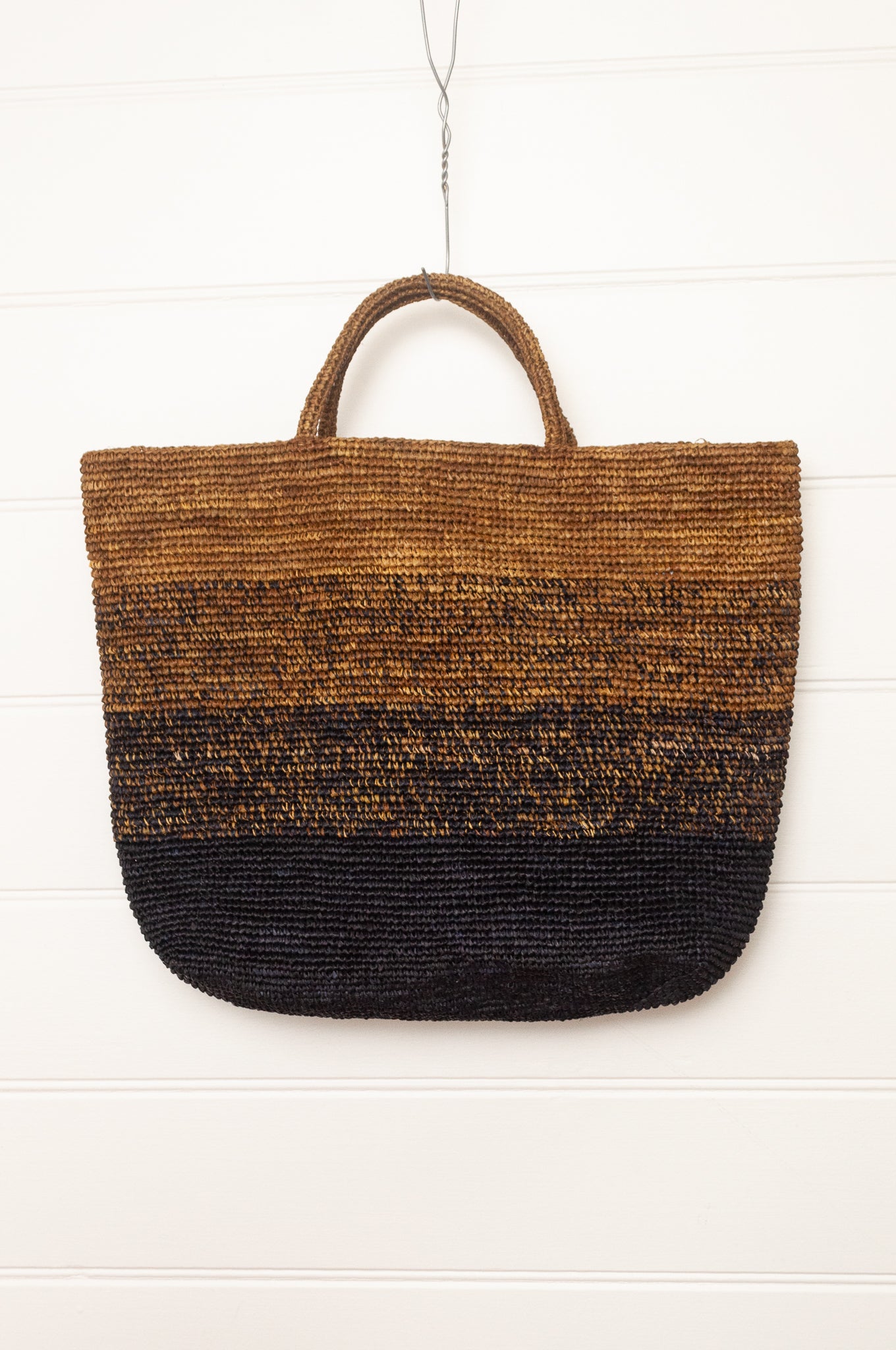 Sophie DIgard extra large raffia tote bag in stripes of charcoal graphite and rich brown.