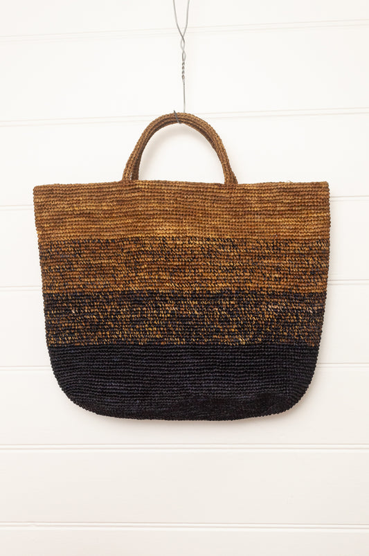 Sophie DIgard extra large raffia tote bag in stripes of charcoal graphite and rich brown.