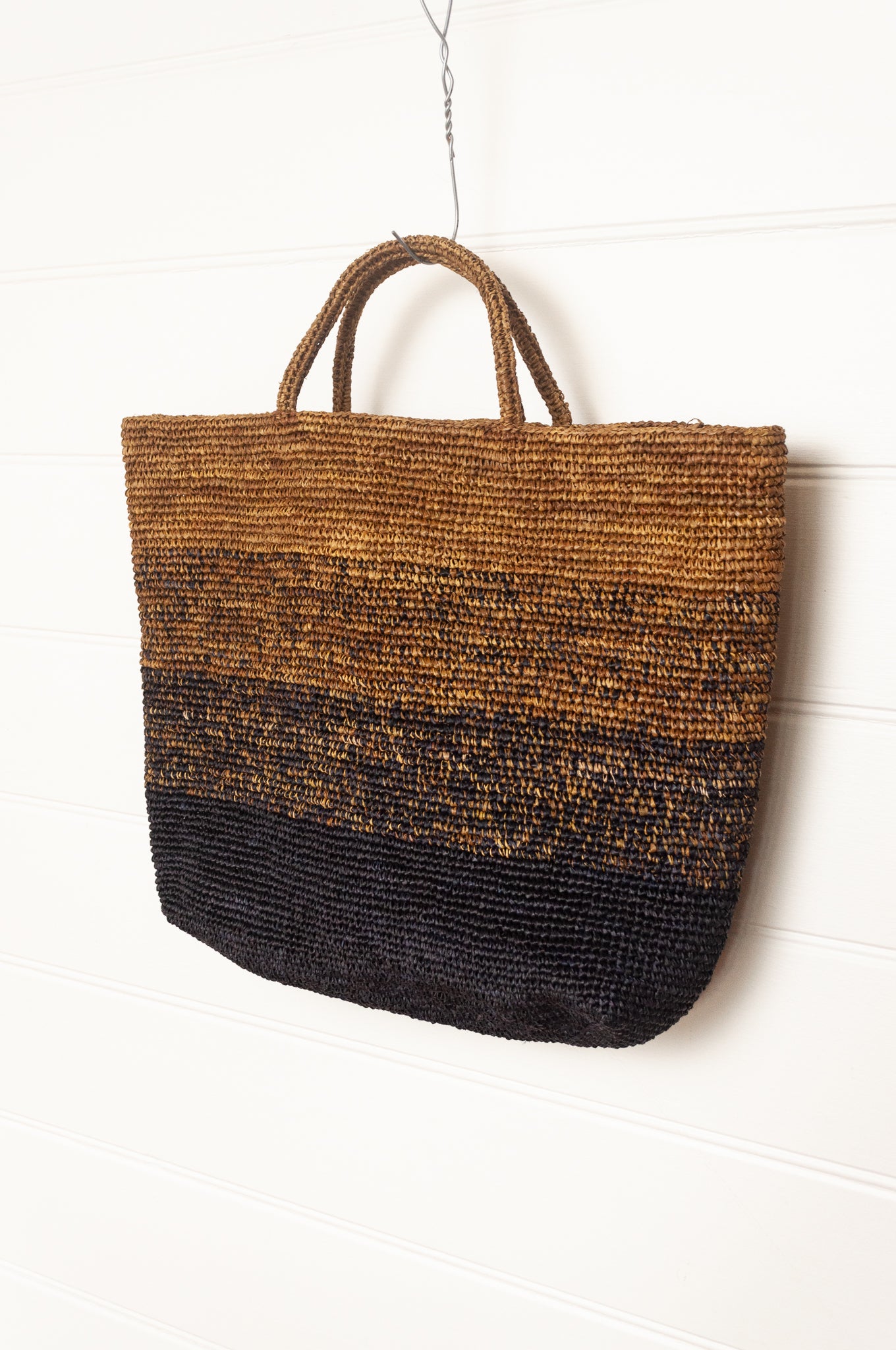Sophie DIgard extra large raffia tote bag in stripes of charcoal graphite and rich brown.