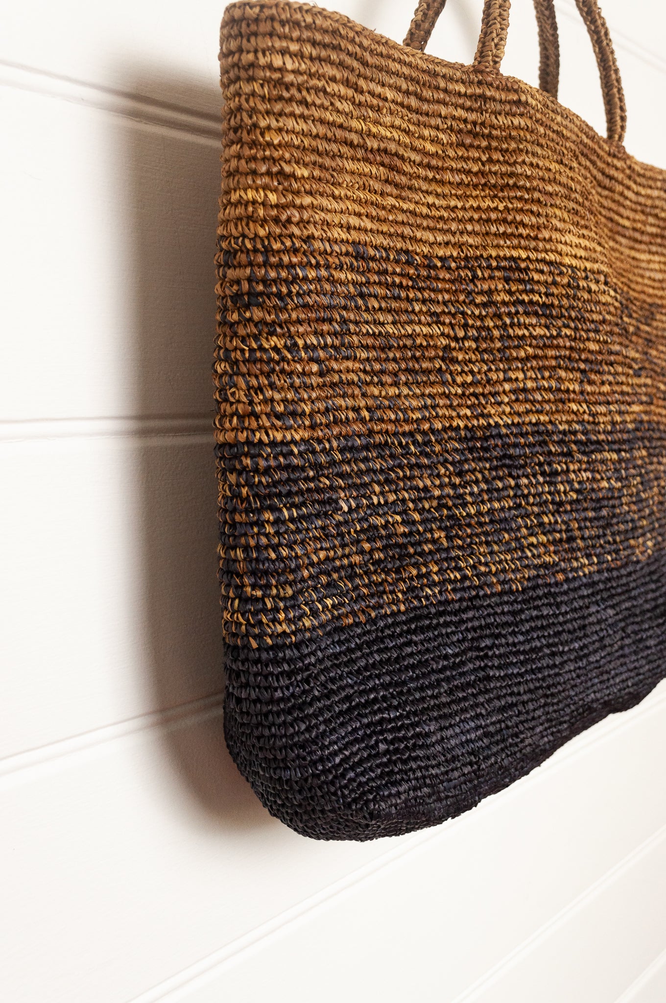 Sophie DIgard extra large raffia tote bag in stripes of charcoal graphite and rich brown.