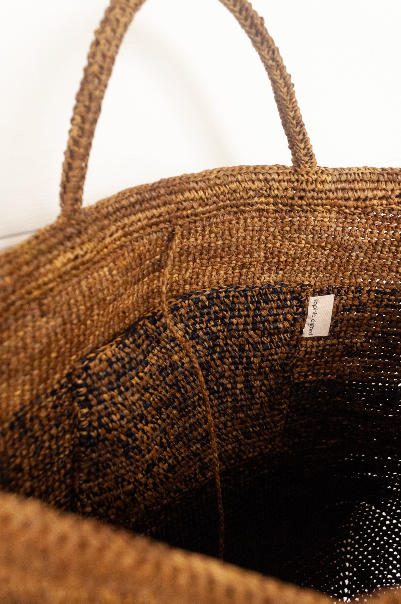 Sophie DIgard extra large raffia tote bag in stripes of charcoal graphite and rich brown.