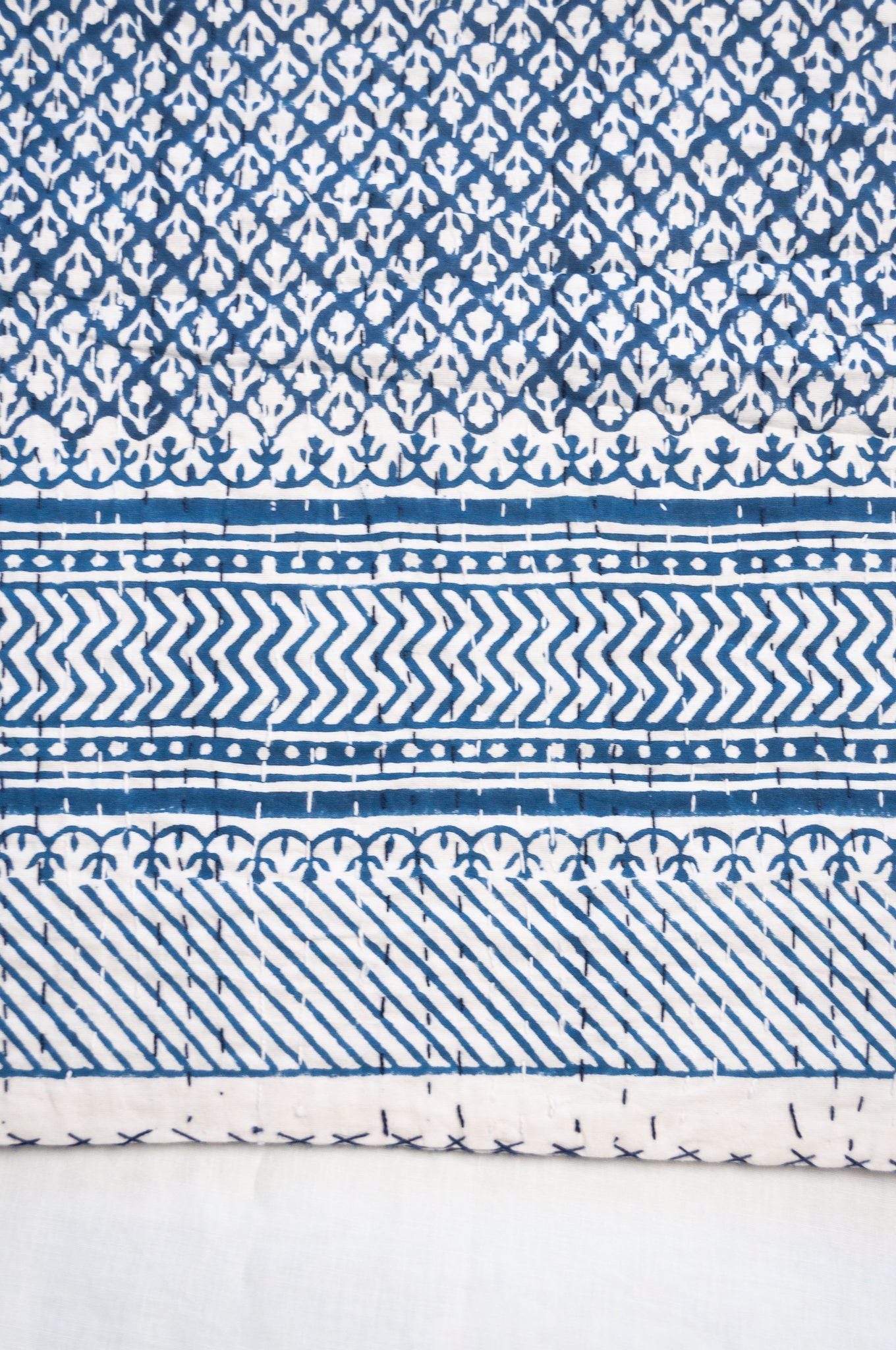 Cotton kantha quilt in indigo blue and white small floral.