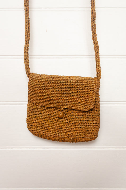 Sophie Digard small cross body crocheted raffia bag in oro golden brown.