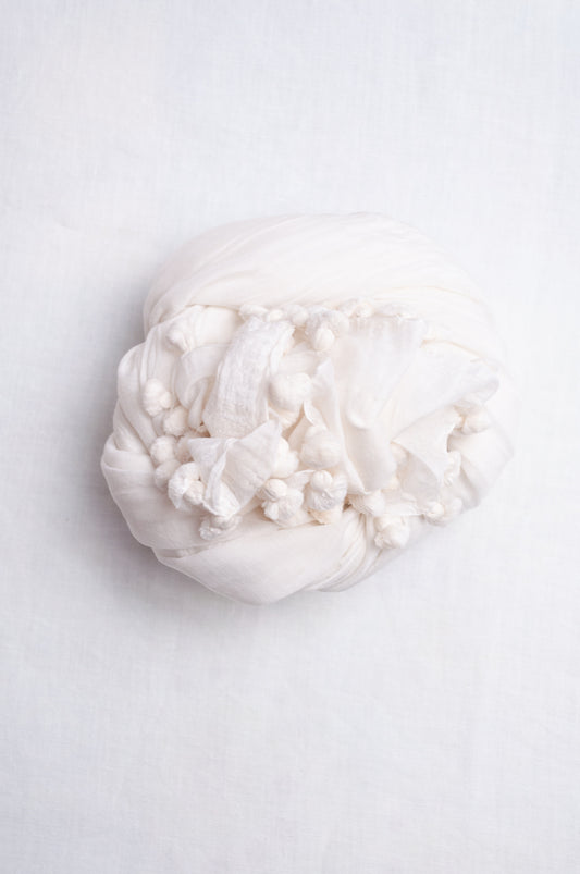 Silk cotton pom pom scarf in vanilla white.