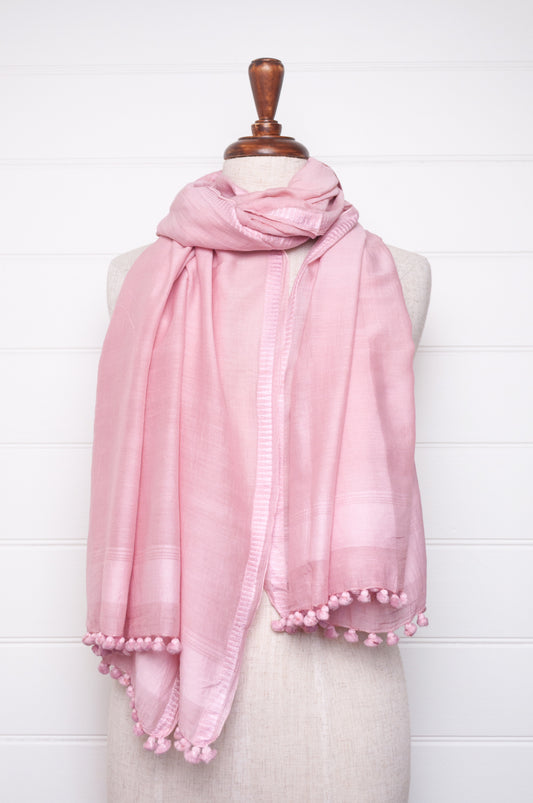 Silk cotton pom pom scarf in lavender pink.