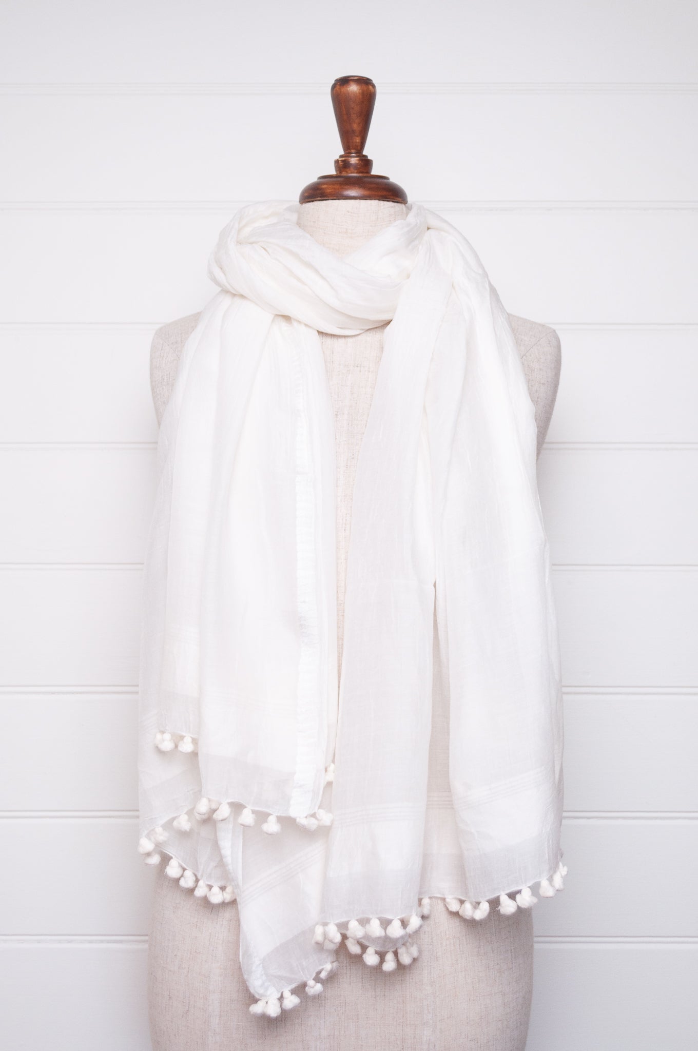 Silk cotton pom pom scarf in vanilla white.