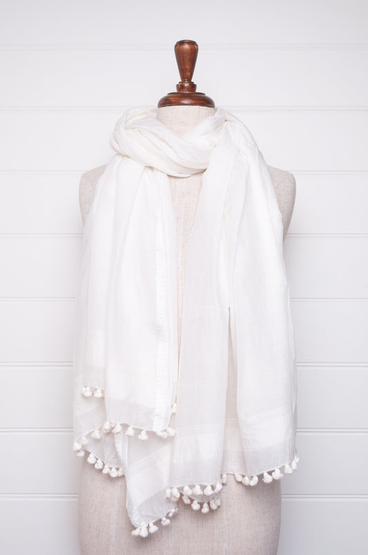 Silk cotton pom pom scarf in vanilla white.