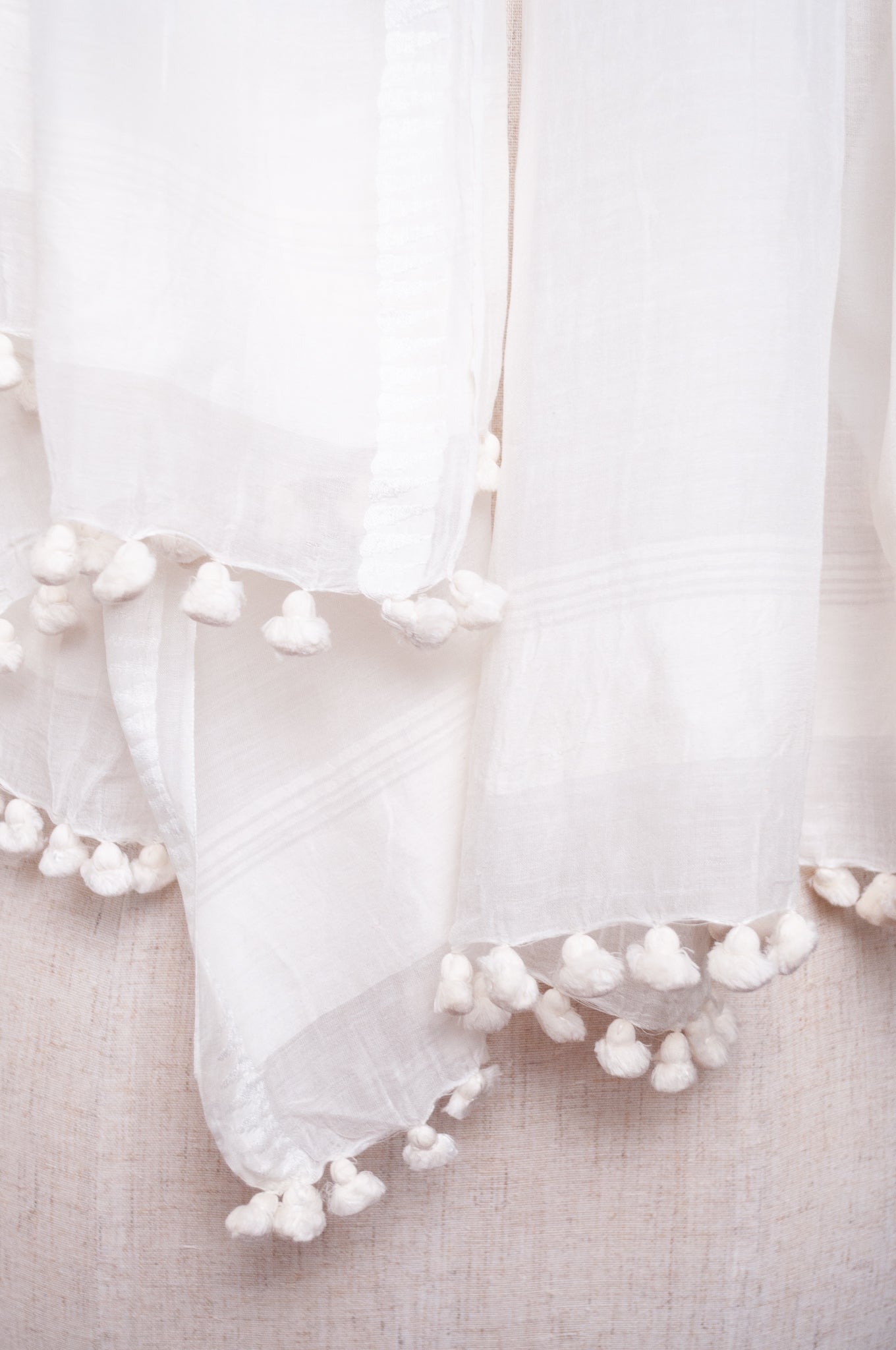 Silk cotton pom pom scarf in vanilla white.