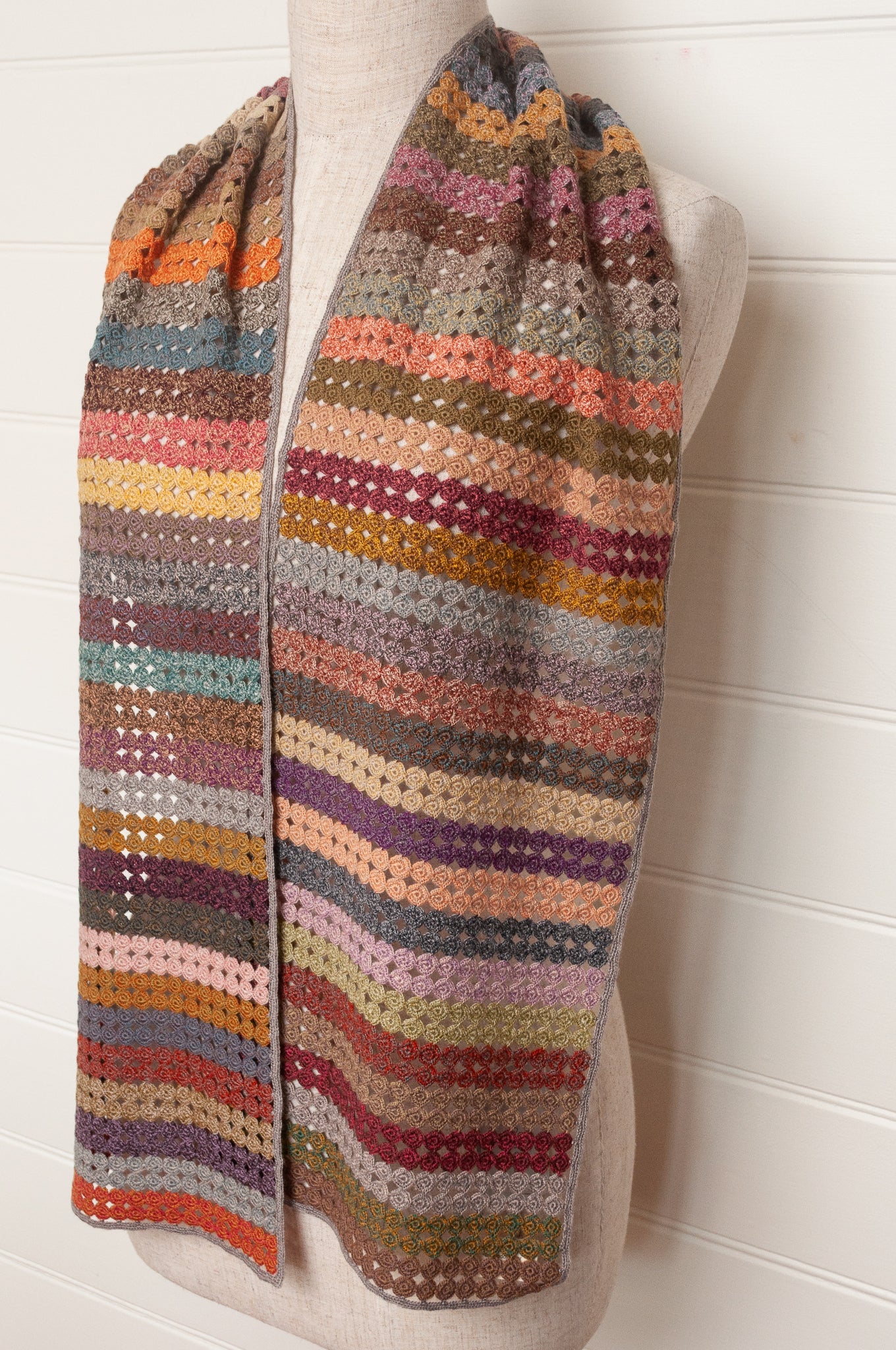Sophie Digard crochet scarf of small circles in coloured stripes.
